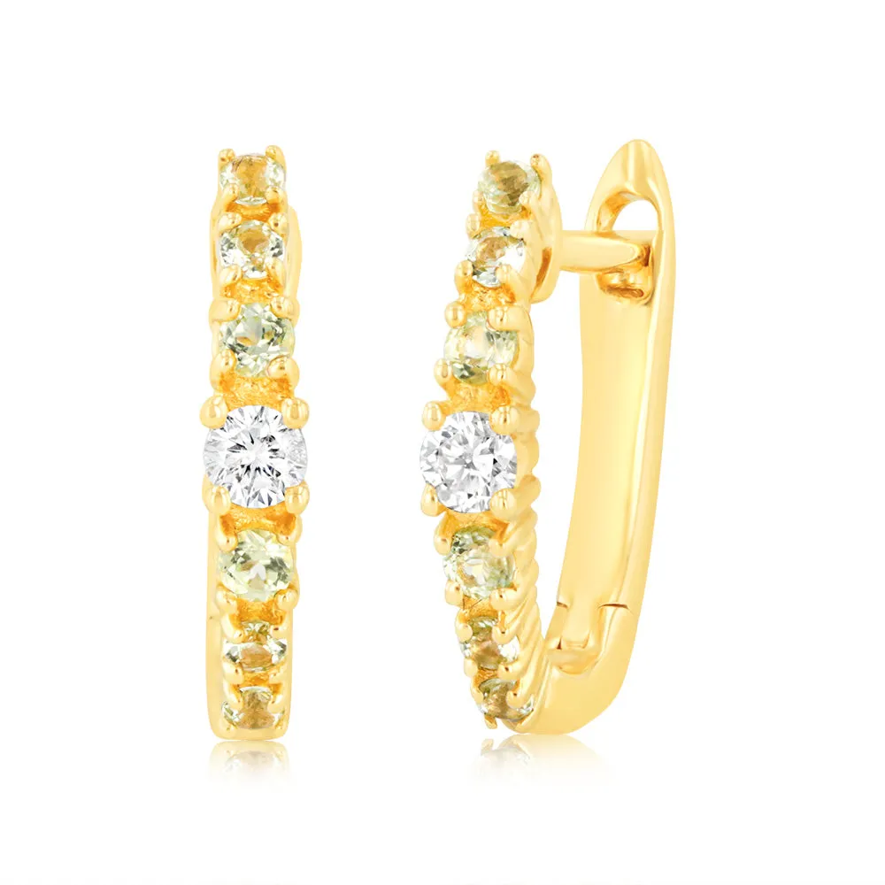 0.15 Carat Peridot and Diamond Hoop Earrings in 9ct Yellow Gold