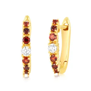 0.17 Carat Red Garnet and Diamond Hoop Earrings in 9ct Yellow Gold