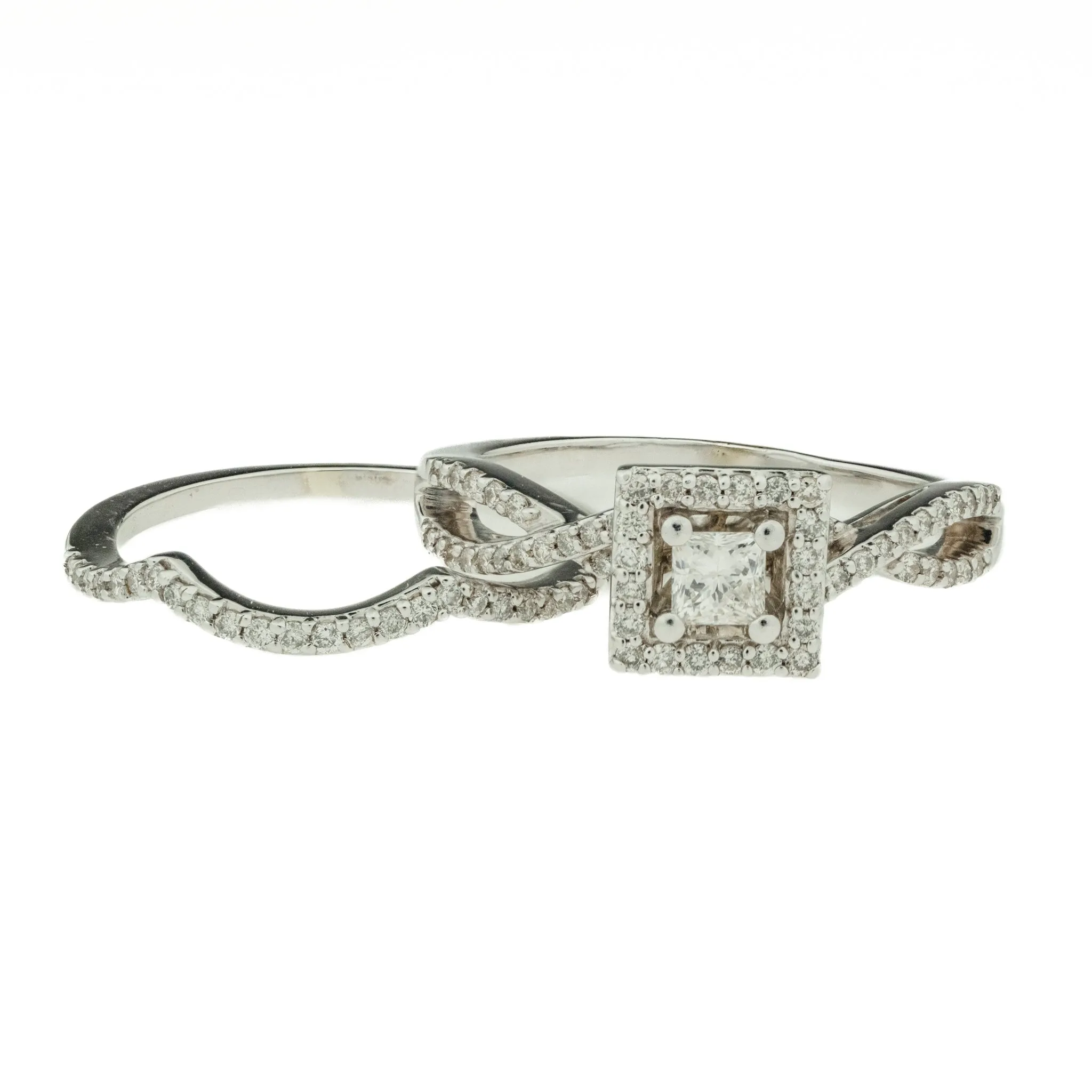 0.20ct Princess Cut Diamond and 0.76ctw Multi Diamond Wedding Set in 14K White Gold - Size 6.75
