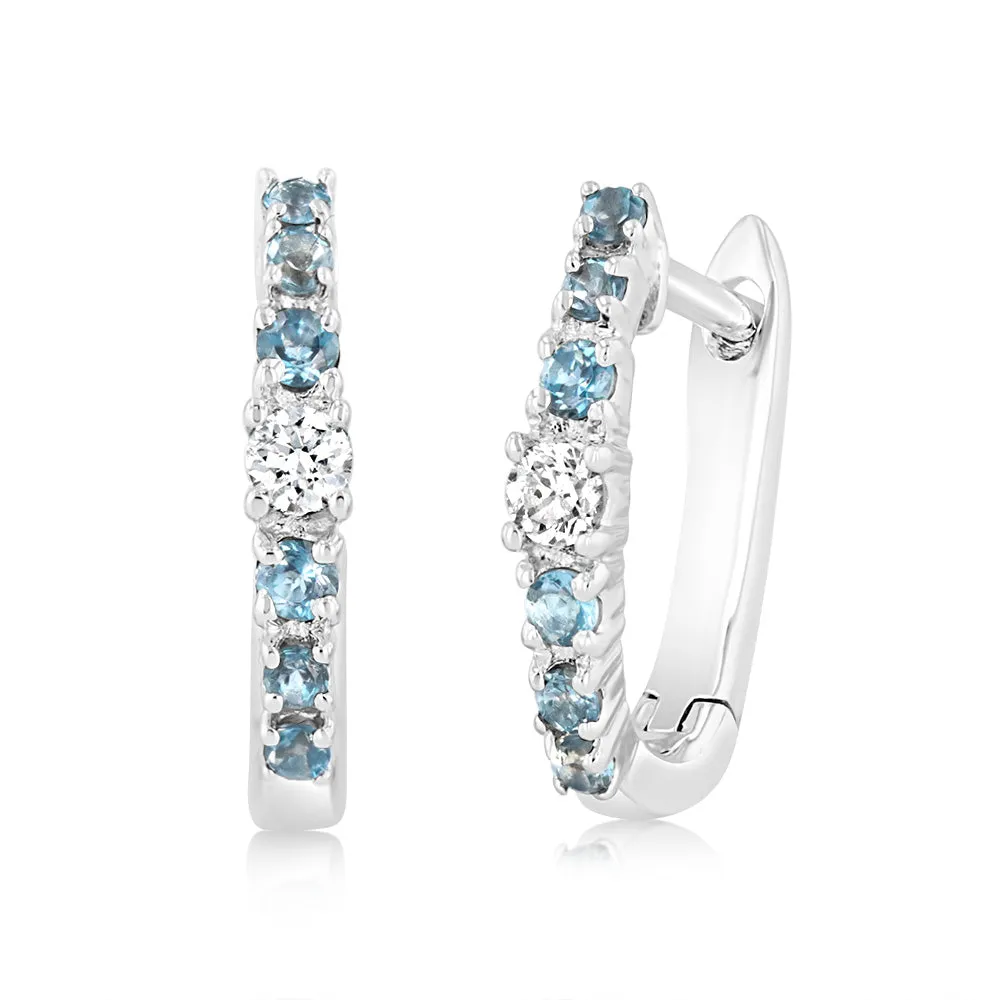 0.24 Carat London Blue Topaz and Diamond Hoop Earrings in 9ct White Gold