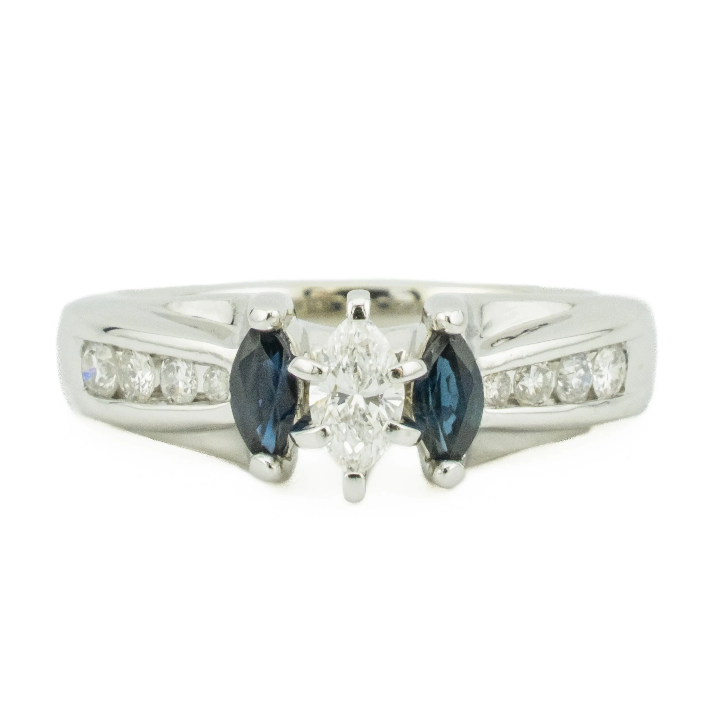 0.25ctw Marquise Diamond w/ Sapphire & Diamond Accents Engagement Ring in 14K White Gold - Size 6.75