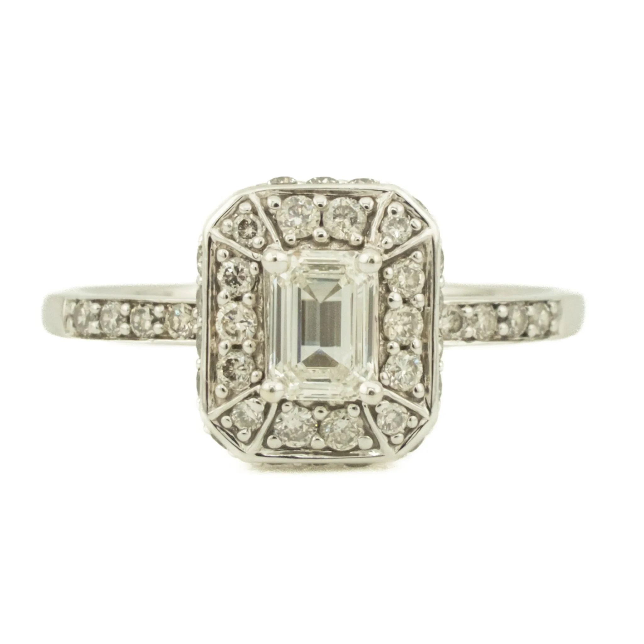 0.45ct Emerald Cut Diamond VS2/G & 0.38ctw Diamond Accented Engagement Ring in 14K White Gold - Size 7.5