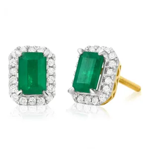 1.20 Carat Natural Emerald and 1/5 Carat Diamond Stud Earrings in 9ct Yellow Gold