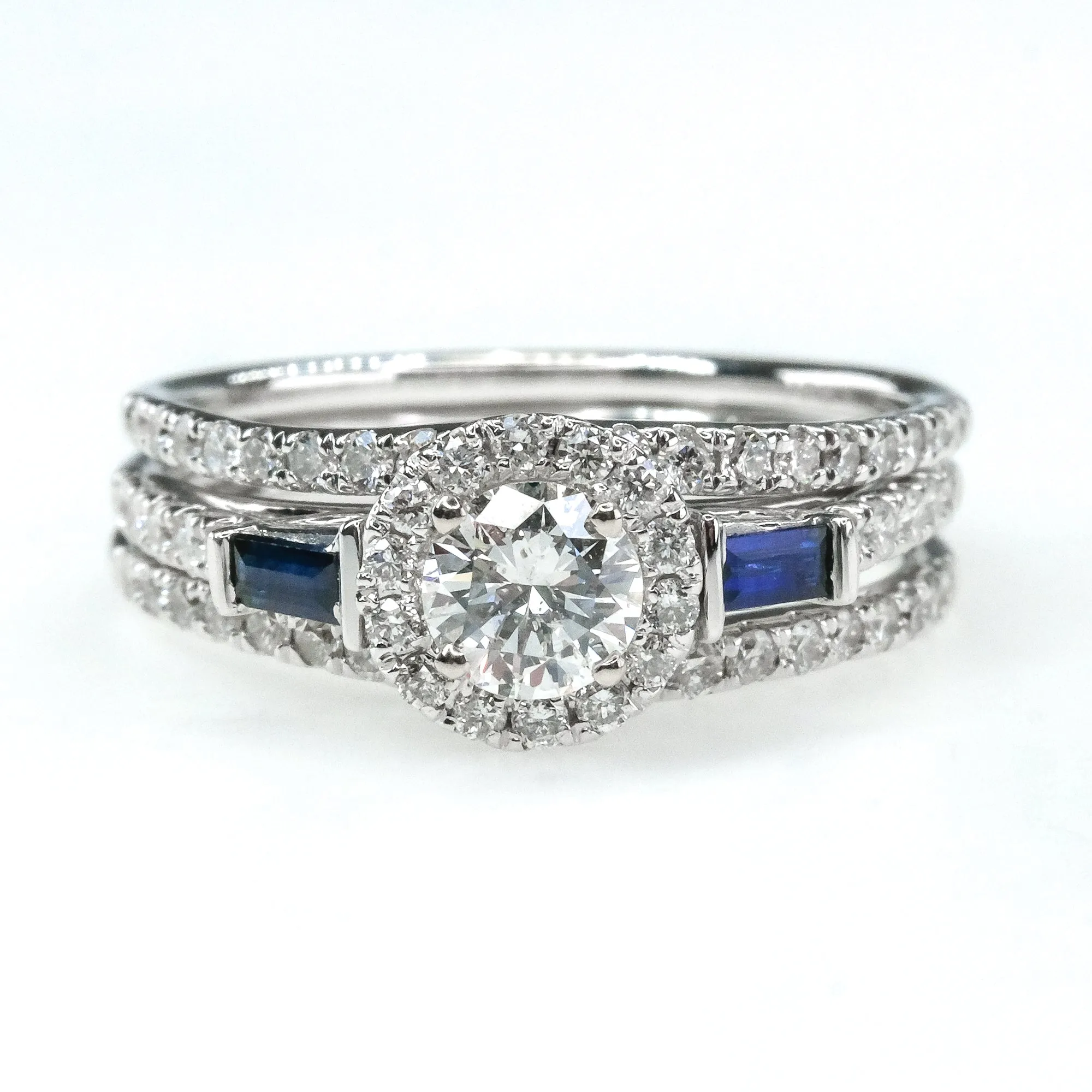 1.25ctwt Diamond w/Sapphire Engagement Double Band Bridal Set 14K White Gold