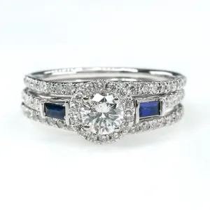 1.25ctwt Diamond w/Sapphire Engagement Double Band Bridal Set 14K White Gold