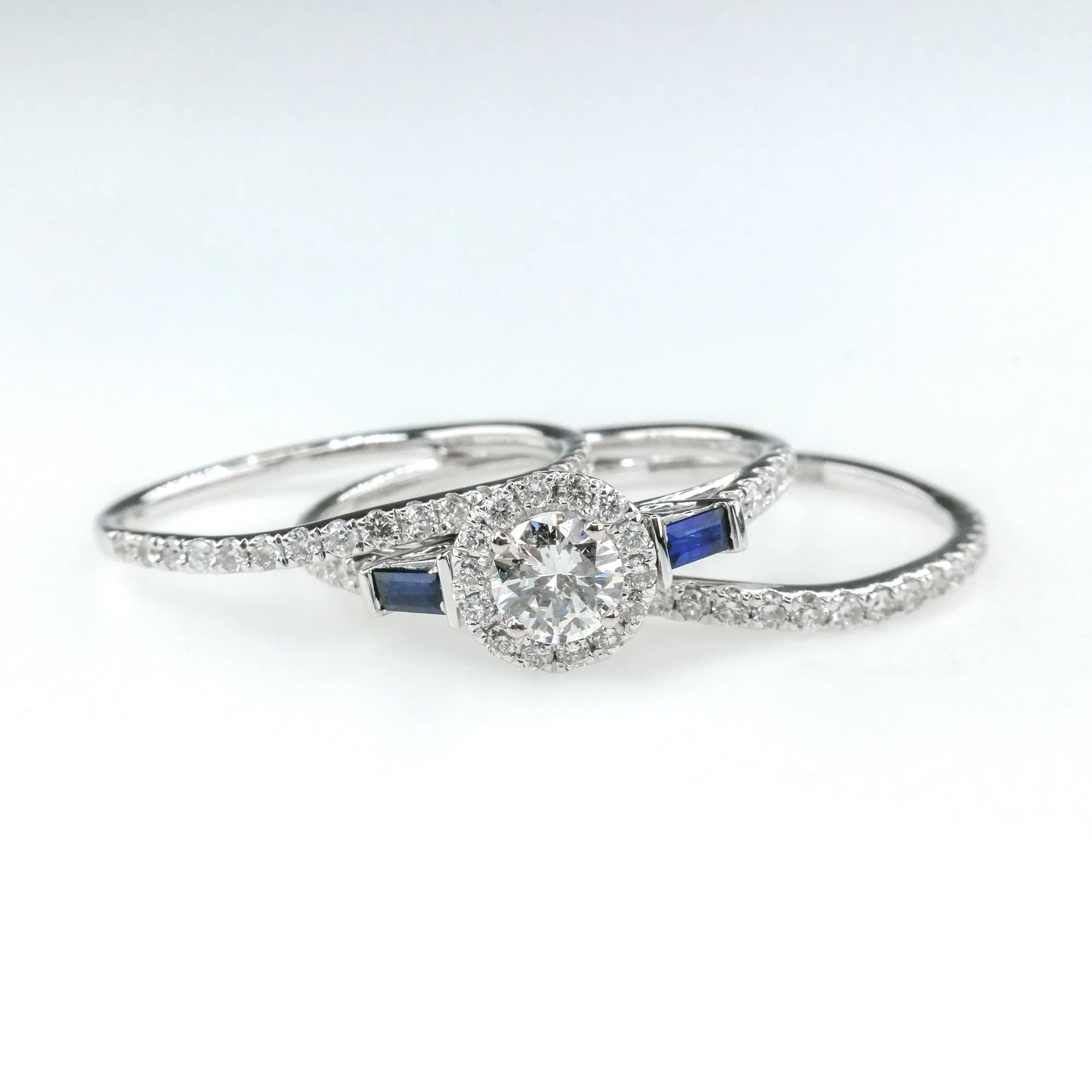 1.25ctwt Diamond w/Sapphire Engagement Double Band Bridal Set 14K White Gold
