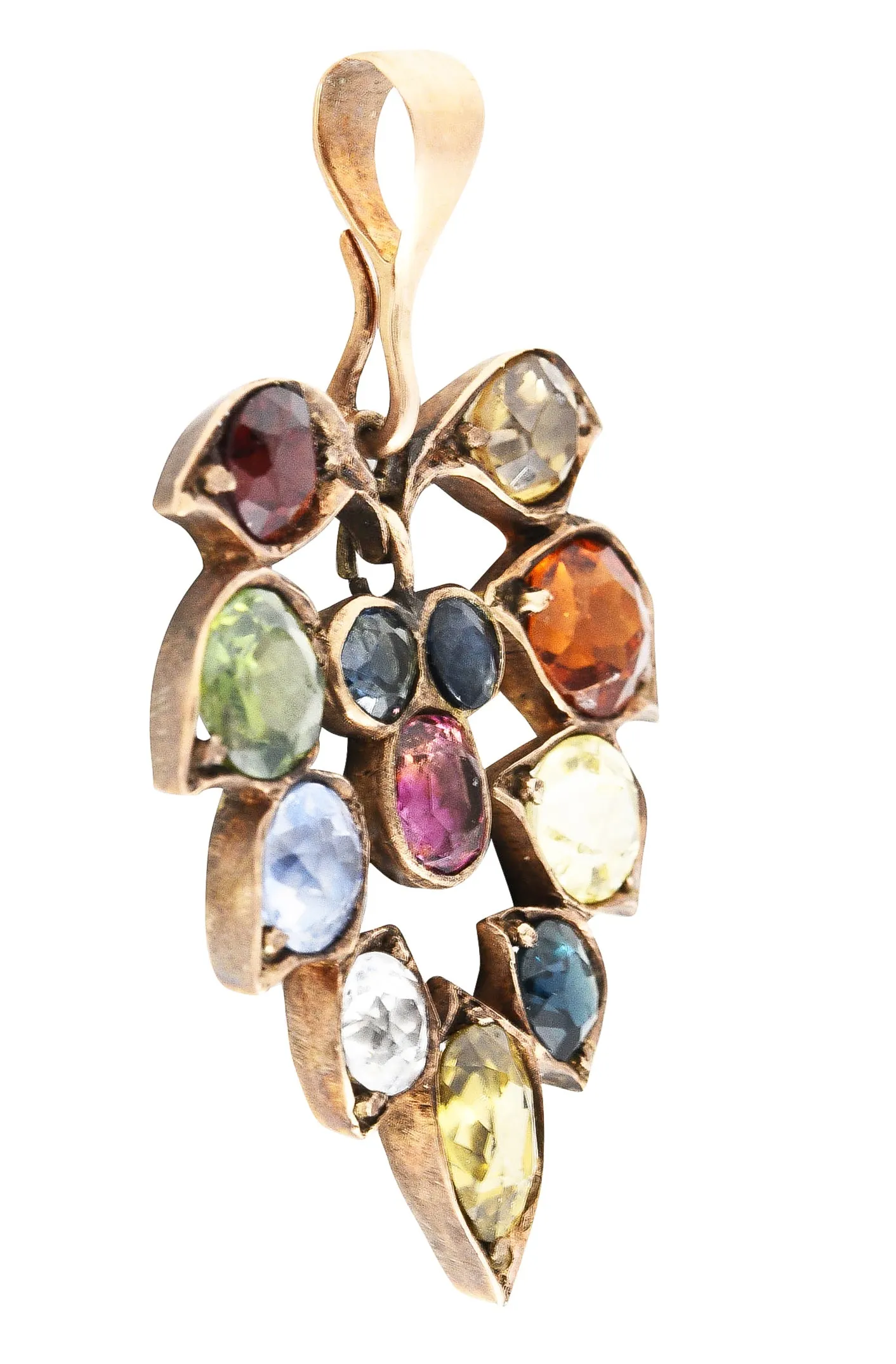 1860's Victorian Fancy Sapphire Zircon Garnet 14 Karat Yellow Gold Antique Floral Leaf Pendant