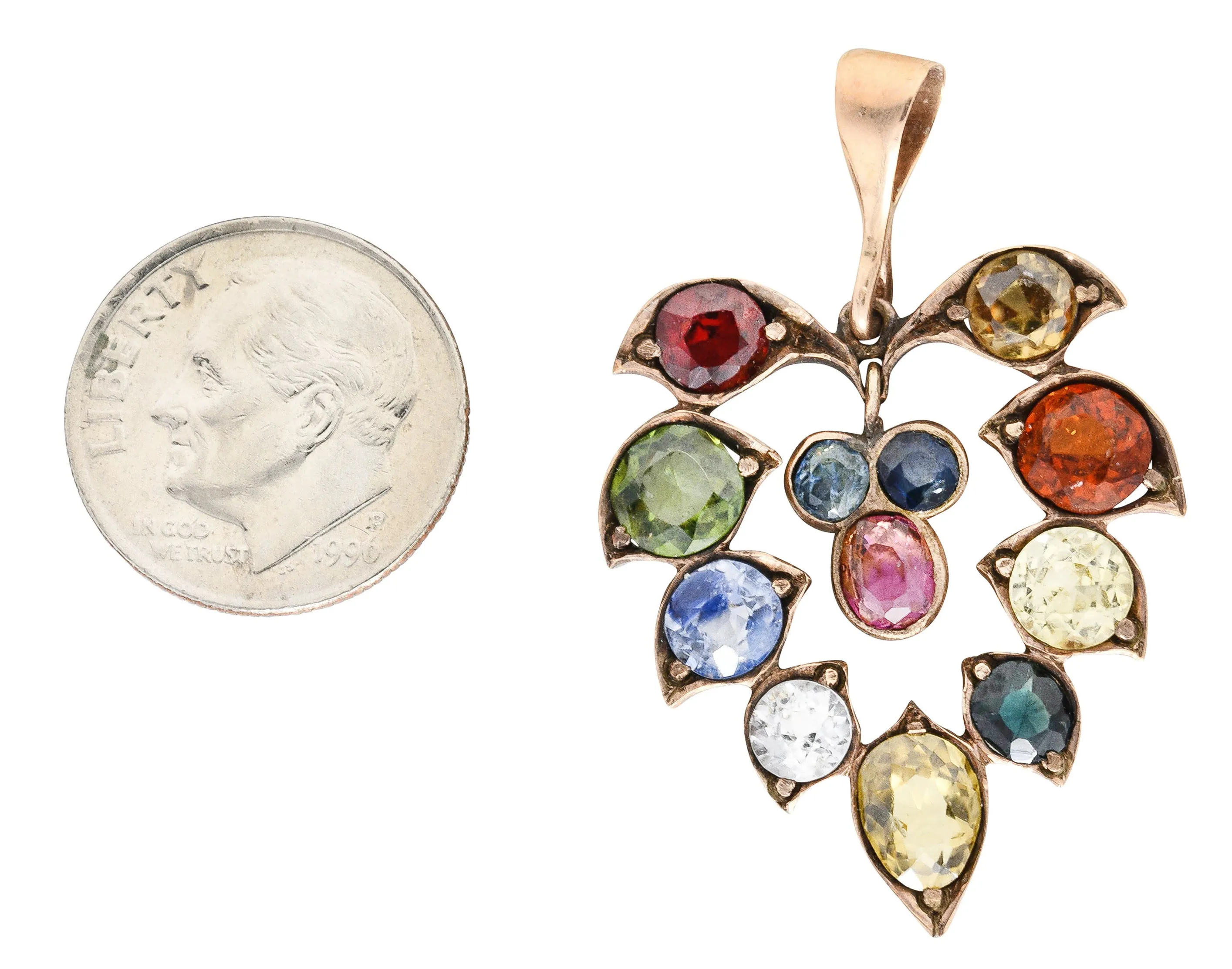 1860's Victorian Fancy Sapphire Zircon Garnet 14 Karat Yellow Gold Antique Floral Leaf Pendant