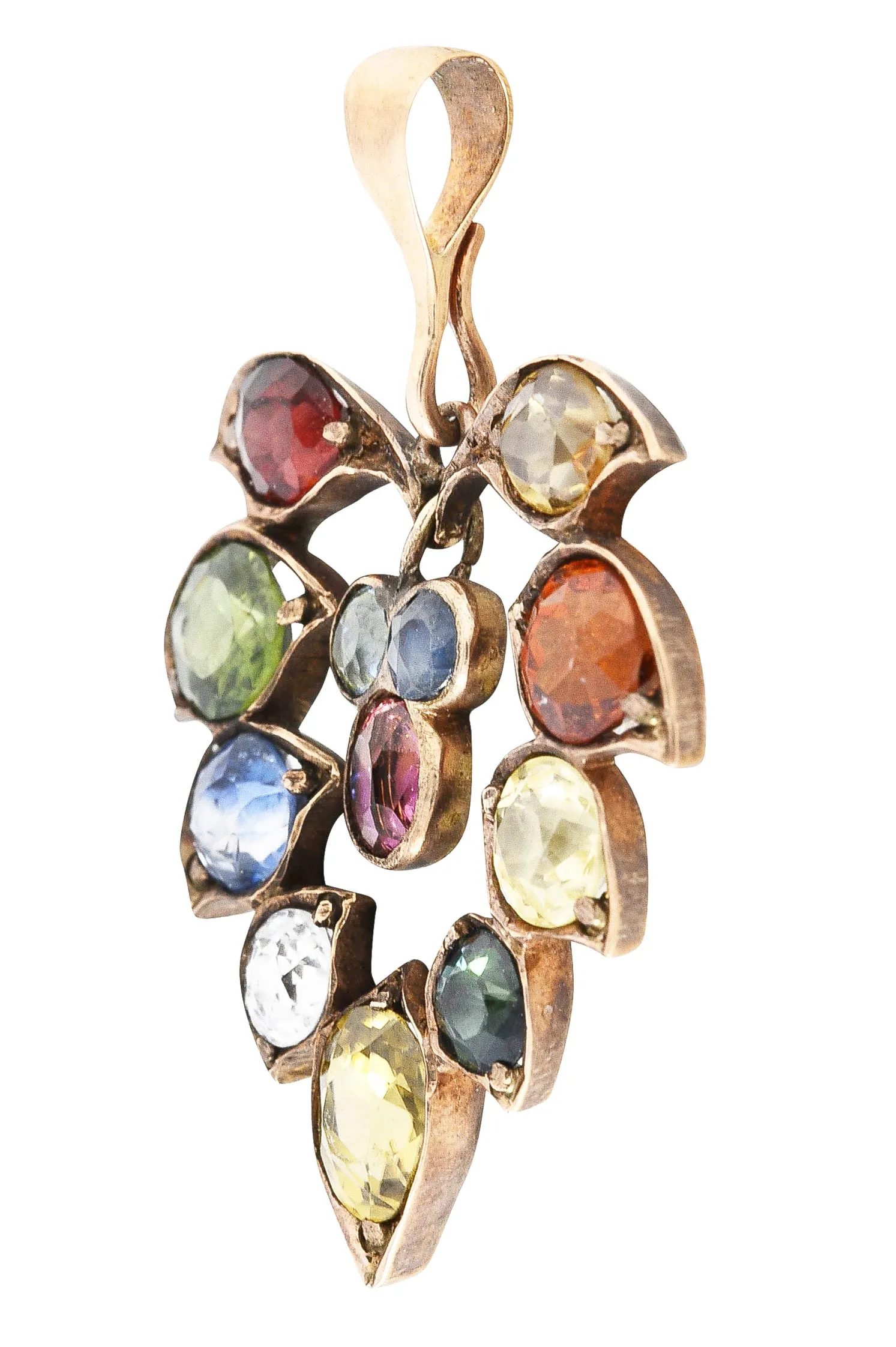 1860's Victorian Fancy Sapphire Zircon Garnet 14 Karat Yellow Gold Antique Floral Leaf Pendant