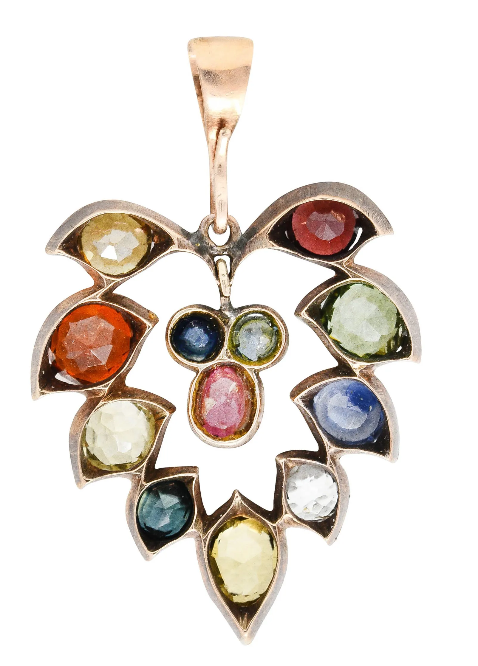 1860's Victorian Fancy Sapphire Zircon Garnet 14 Karat Yellow Gold Antique Floral Leaf Pendant