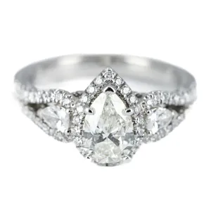 1.86ctw Pear Diamond Three Stone Engagement Ring, Halo - 14K White Gold