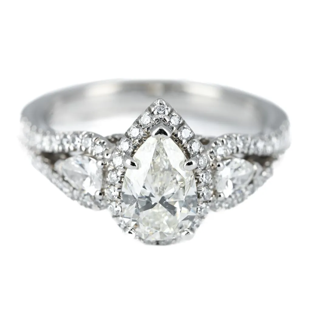1.86ctw Pear Diamond Three Stone Engagement Ring, Halo - 14K White Gold