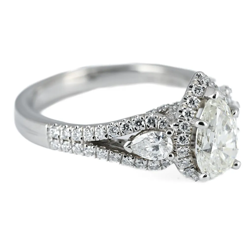 1.86ctw Pear Diamond Three Stone Engagement Ring, Halo - 14K White Gold