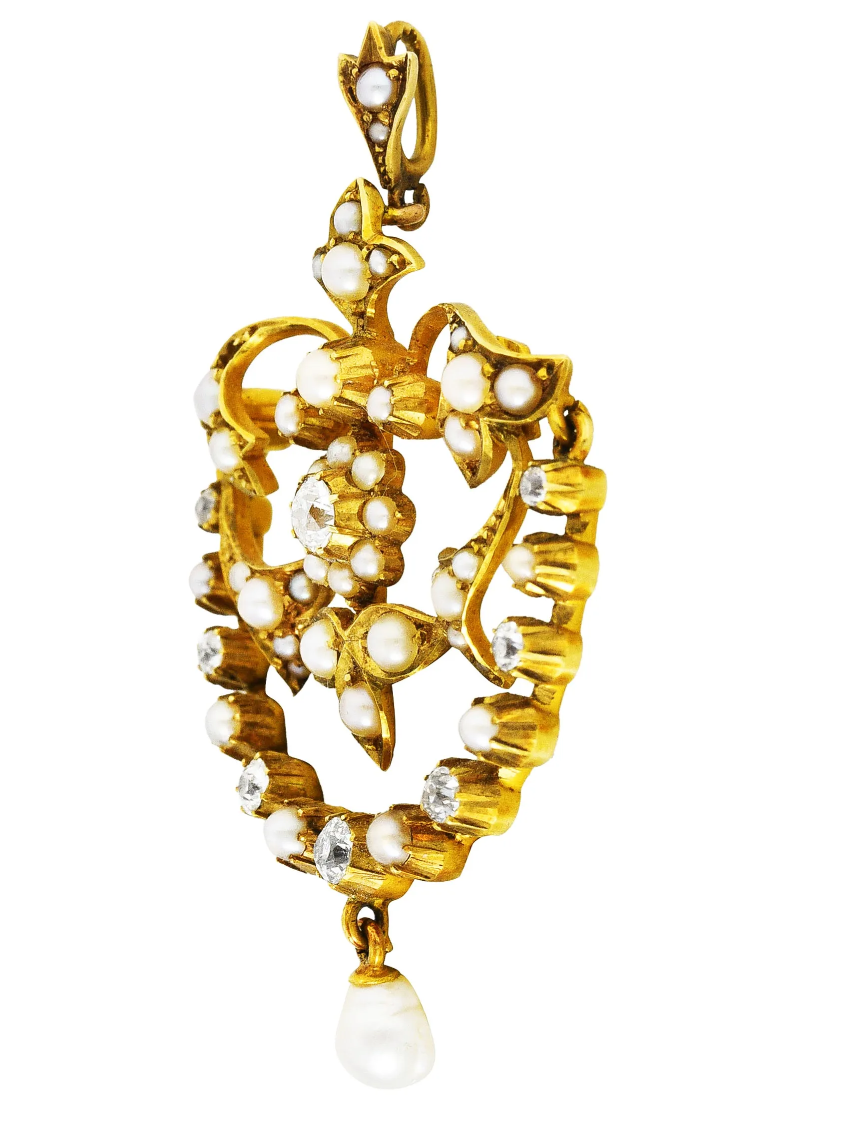 1890's Victorian Pearl Diamond 15 Karat Yellow Gold Floral & Foliate Pendant