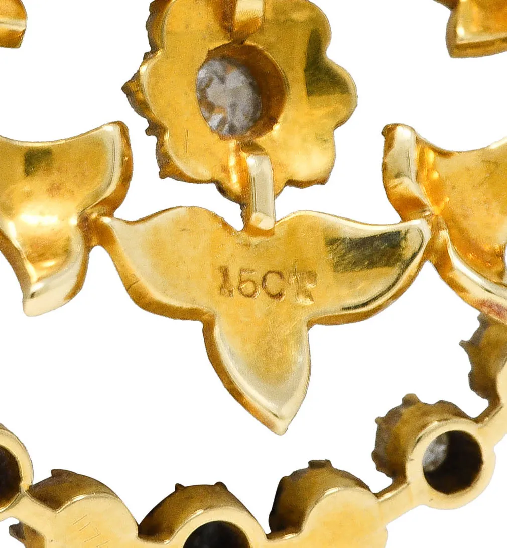 1890's Victorian Pearl Diamond 15 Karat Yellow Gold Floral & Foliate Pendant