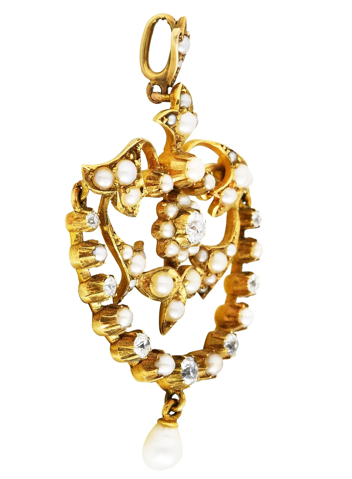 1890's Victorian Pearl Diamond 15 Karat Yellow Gold Floral & Foliate Pendant
