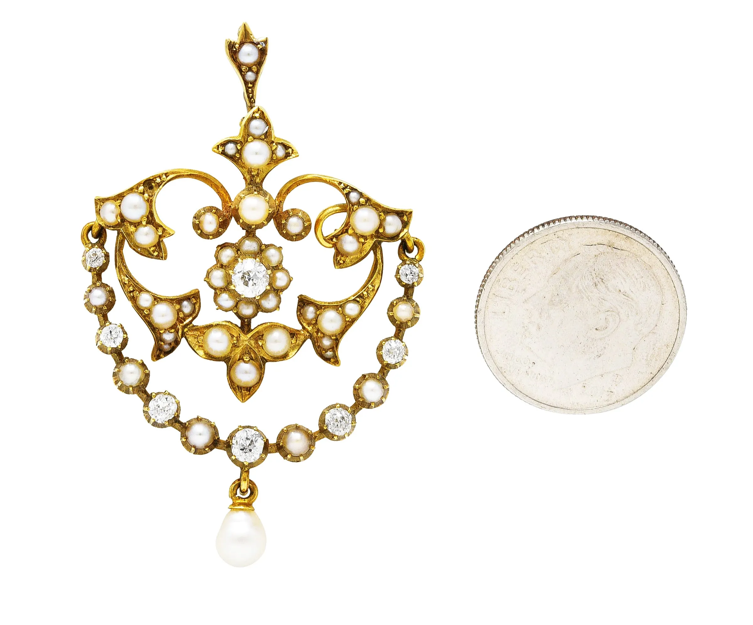 1890's Victorian Pearl Diamond 15 Karat Yellow Gold Floral & Foliate Pendant