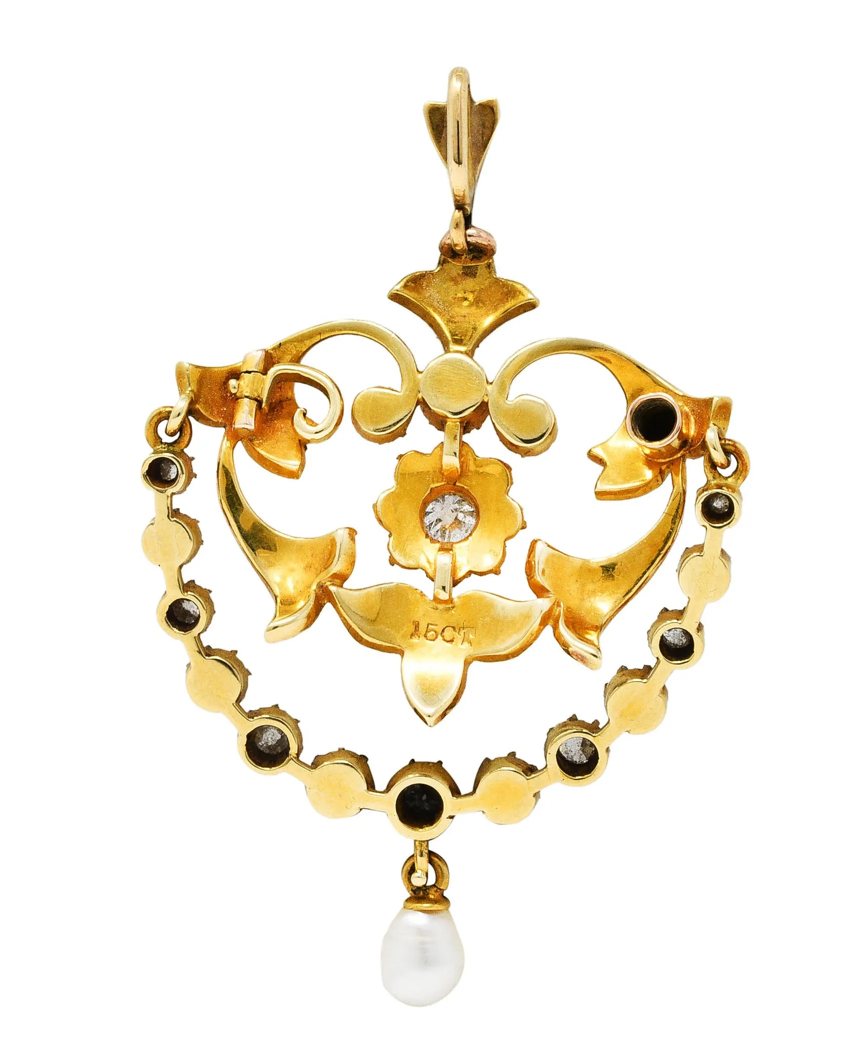1890's Victorian Pearl Diamond 15 Karat Yellow Gold Floral & Foliate Pendant