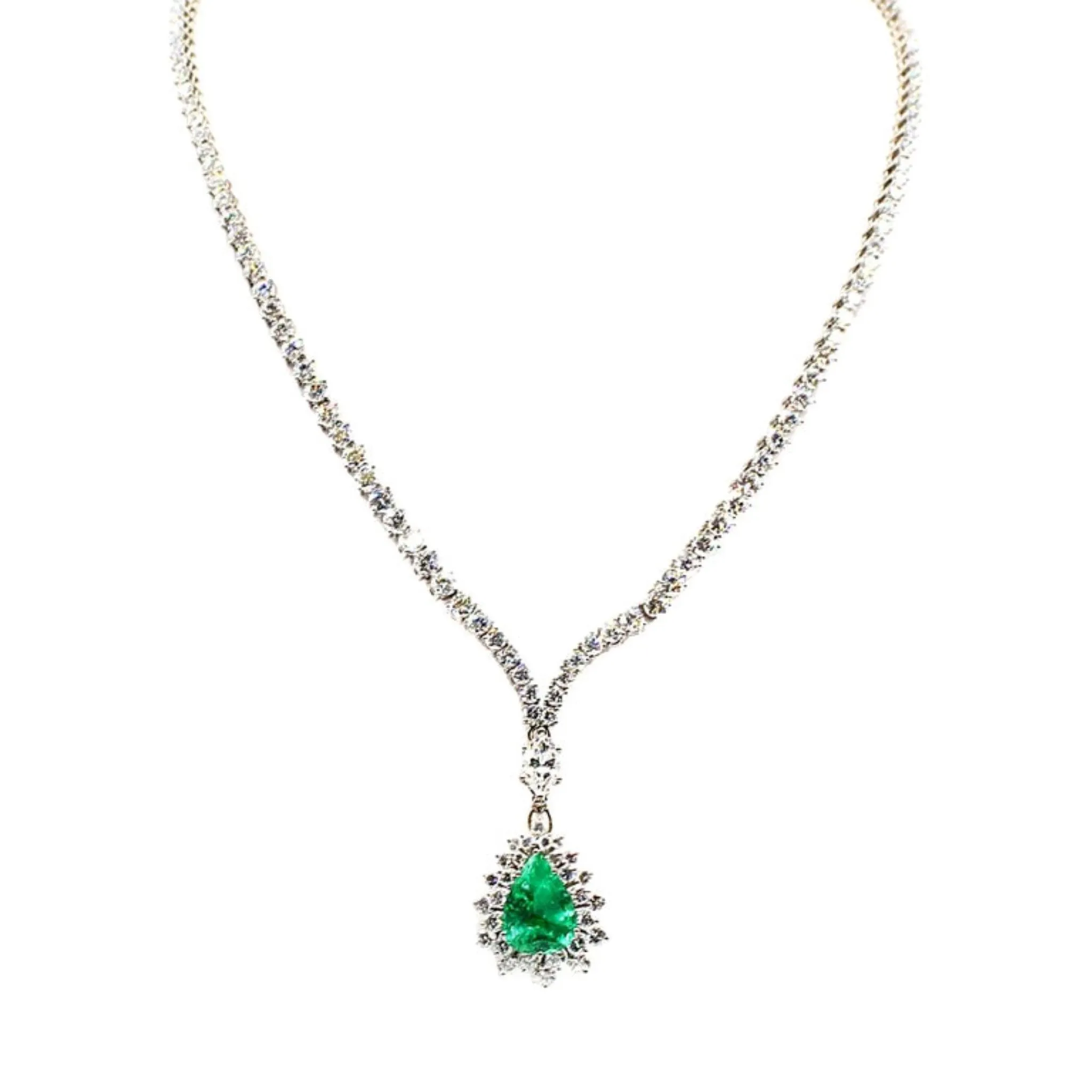 1970s 18KT White Gold Emerald & Diamond Necklace