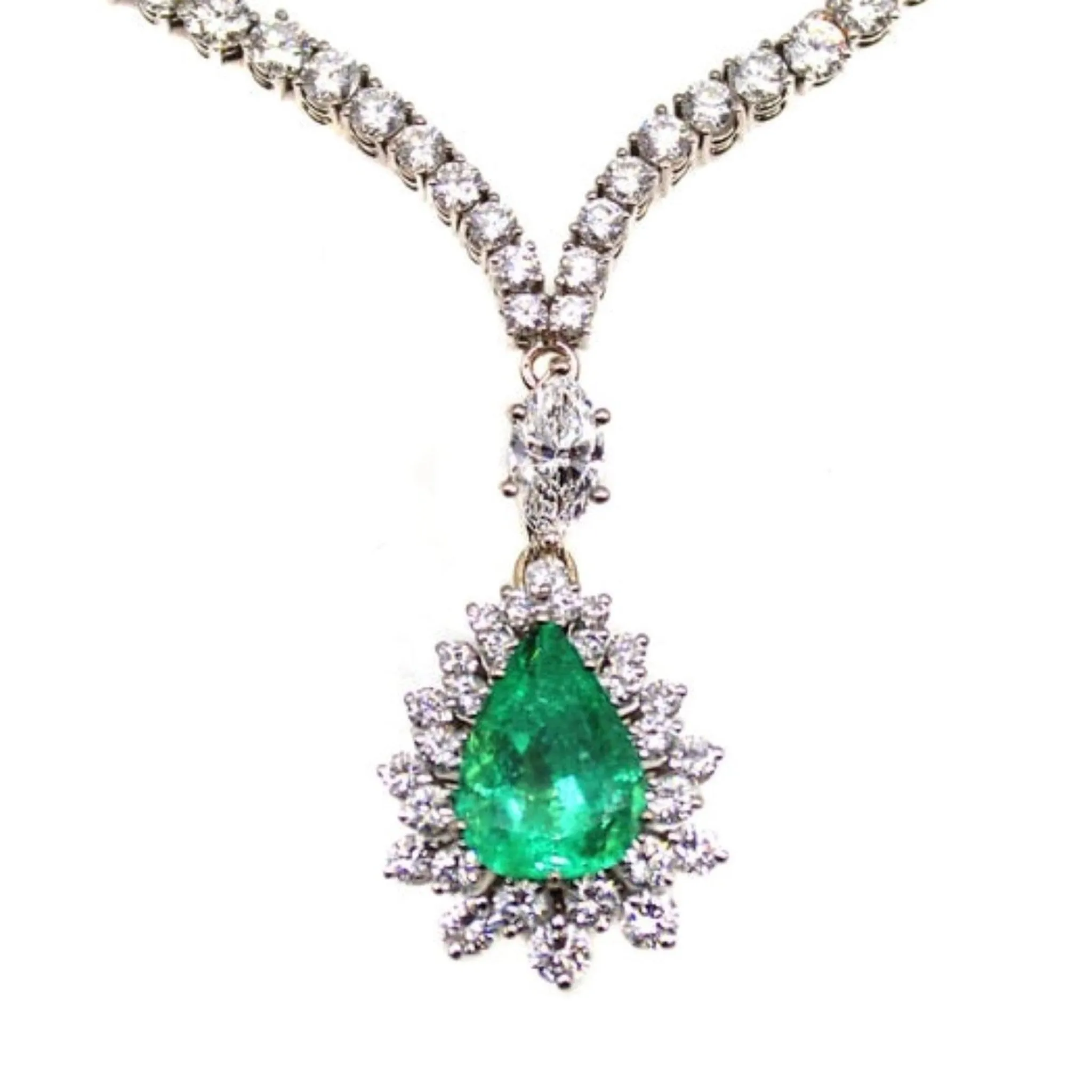 1970s 18KT White Gold Emerald & Diamond Necklace