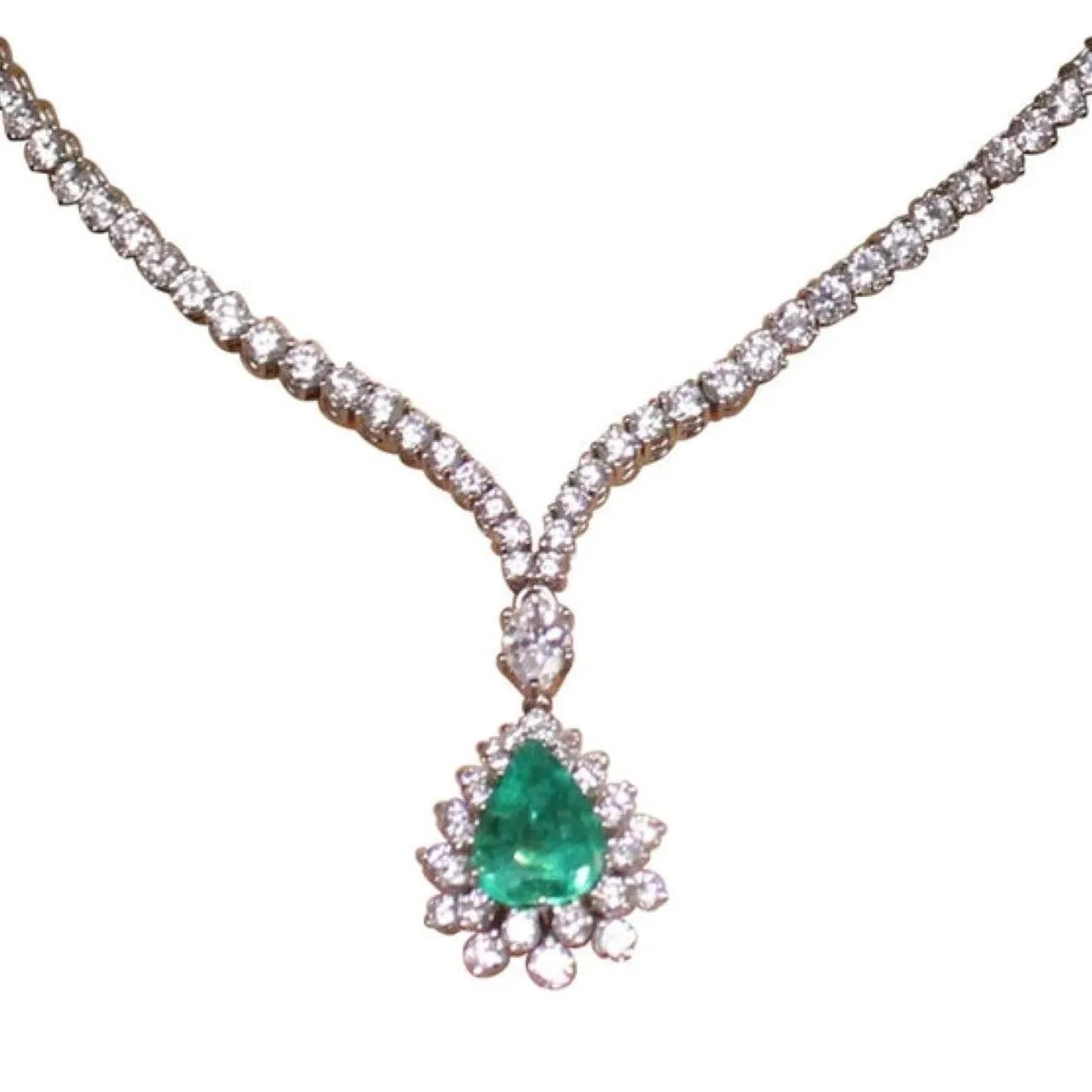 1970s 18KT White Gold Emerald & Diamond Necklace