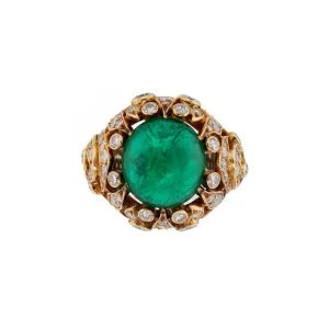 1970s 18KT Yellow Gold Cabochon Emerald & Diamond Ring