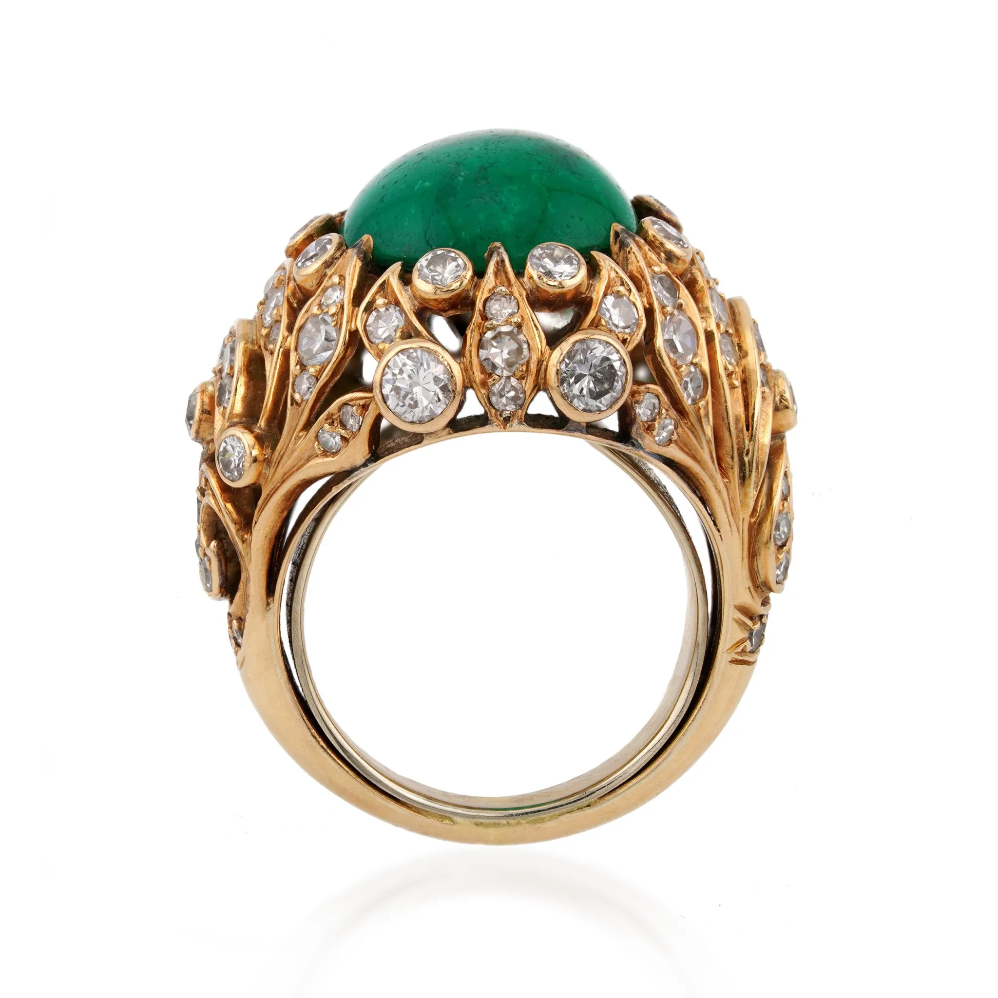 1970s 18KT Yellow Gold Cabochon Emerald & Diamond Ring