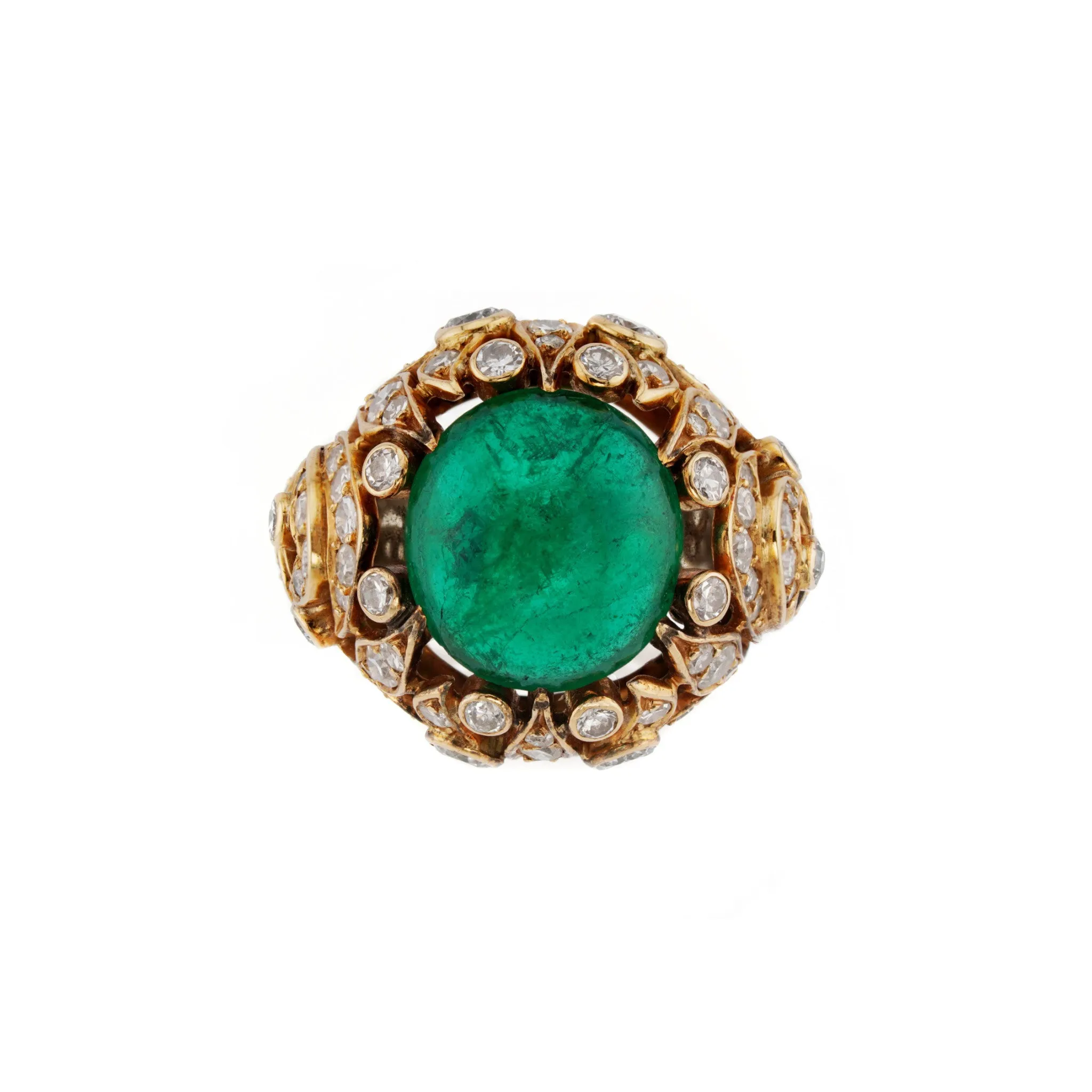 1970s 18KT Yellow Gold Cabochon Emerald & Diamond Ring