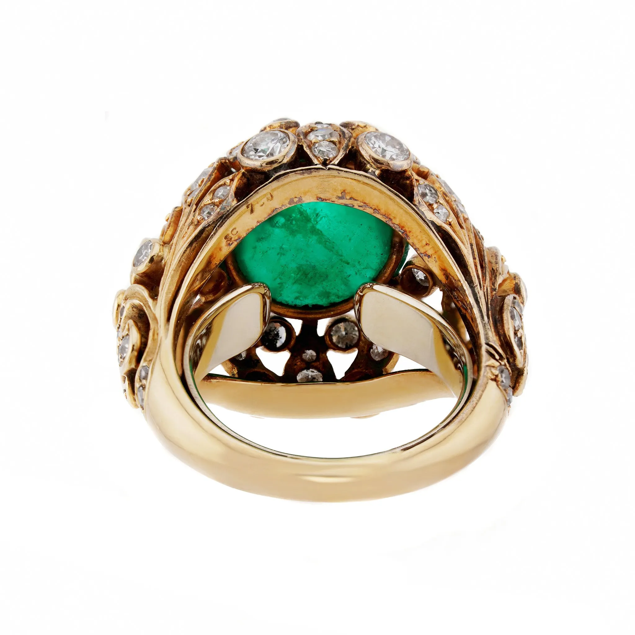 1970s 18KT Yellow Gold Cabochon Emerald & Diamond Ring