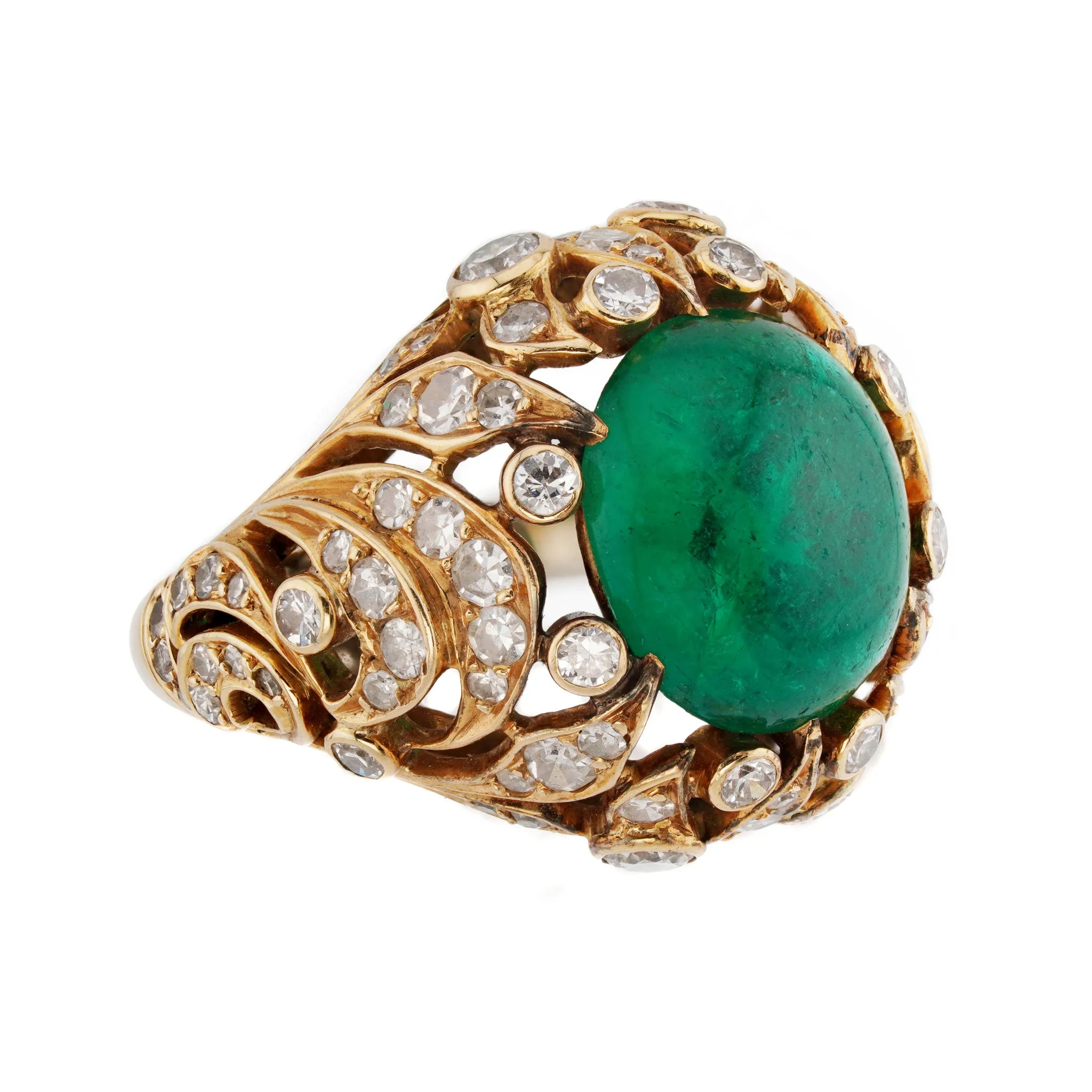 1970s 18KT Yellow Gold Cabochon Emerald & Diamond Ring