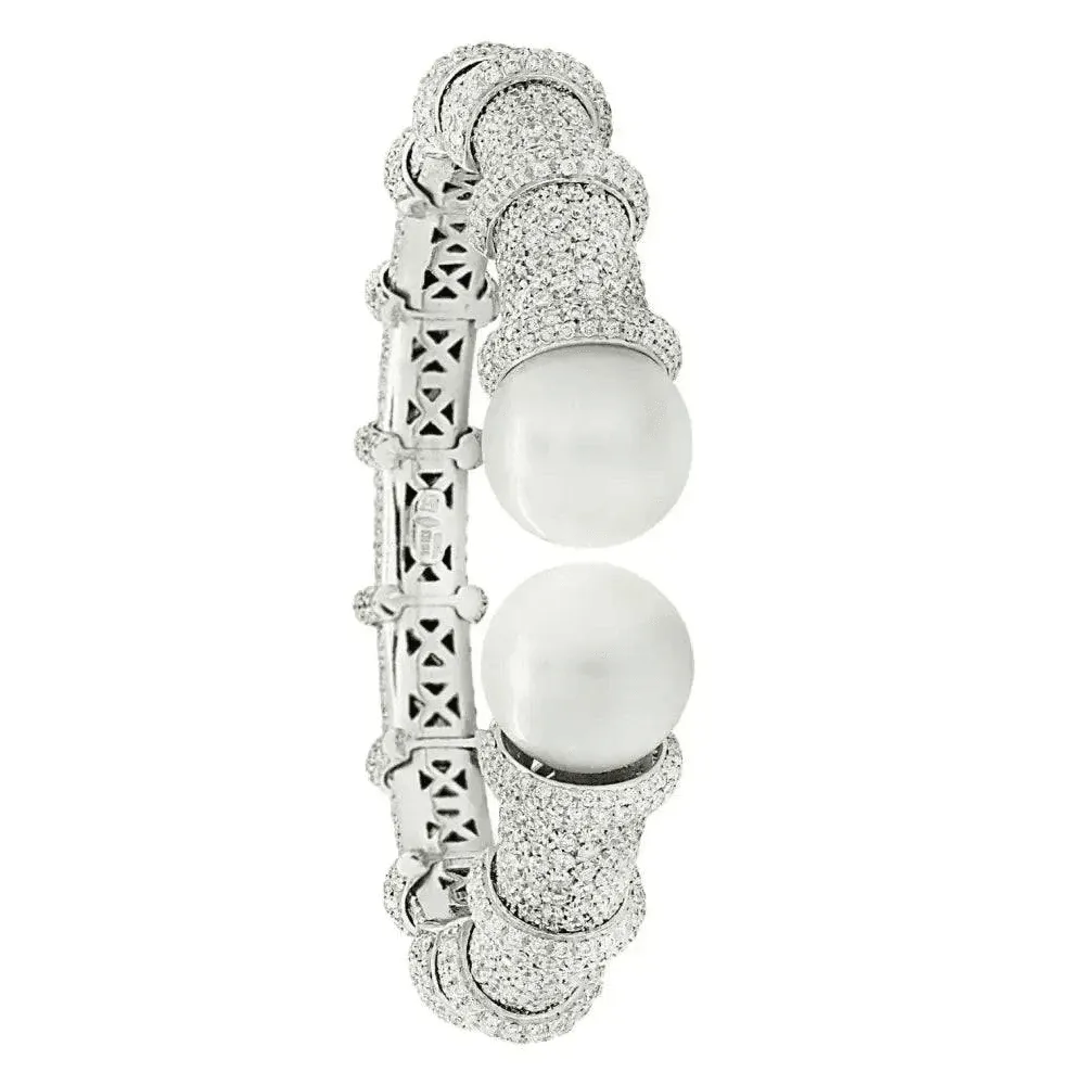 1980s 18KT White Gold Diamond & Cultured Pearl Bracelet
