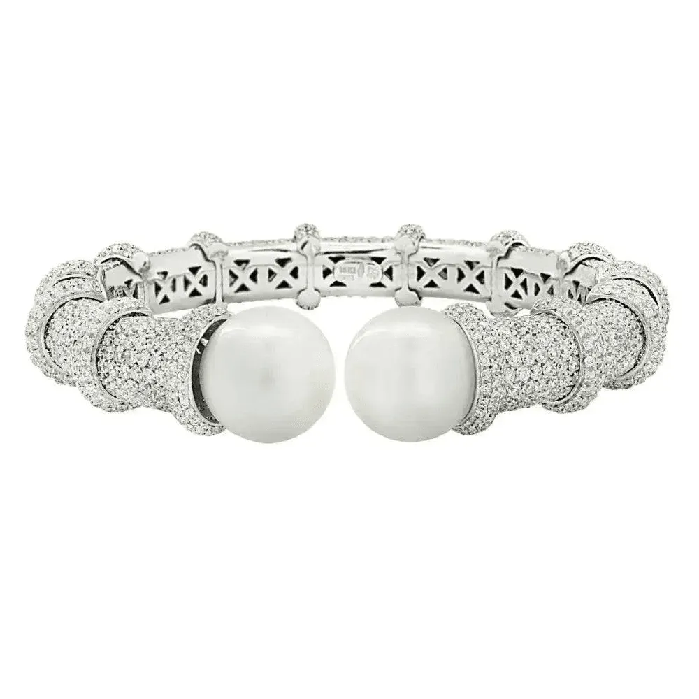 1980s 18KT White Gold Diamond & Cultured Pearl Bracelet