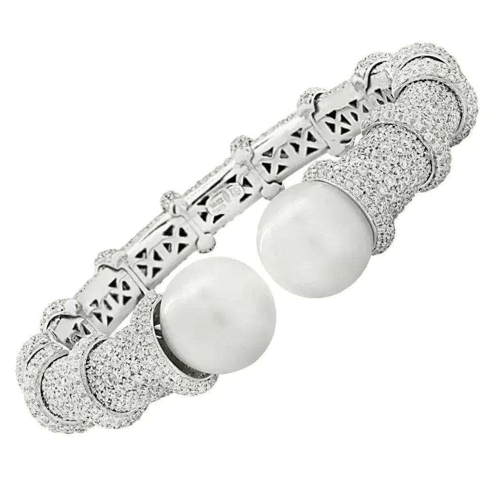 1980s 18KT White Gold Diamond & Cultured Pearl Bracelet