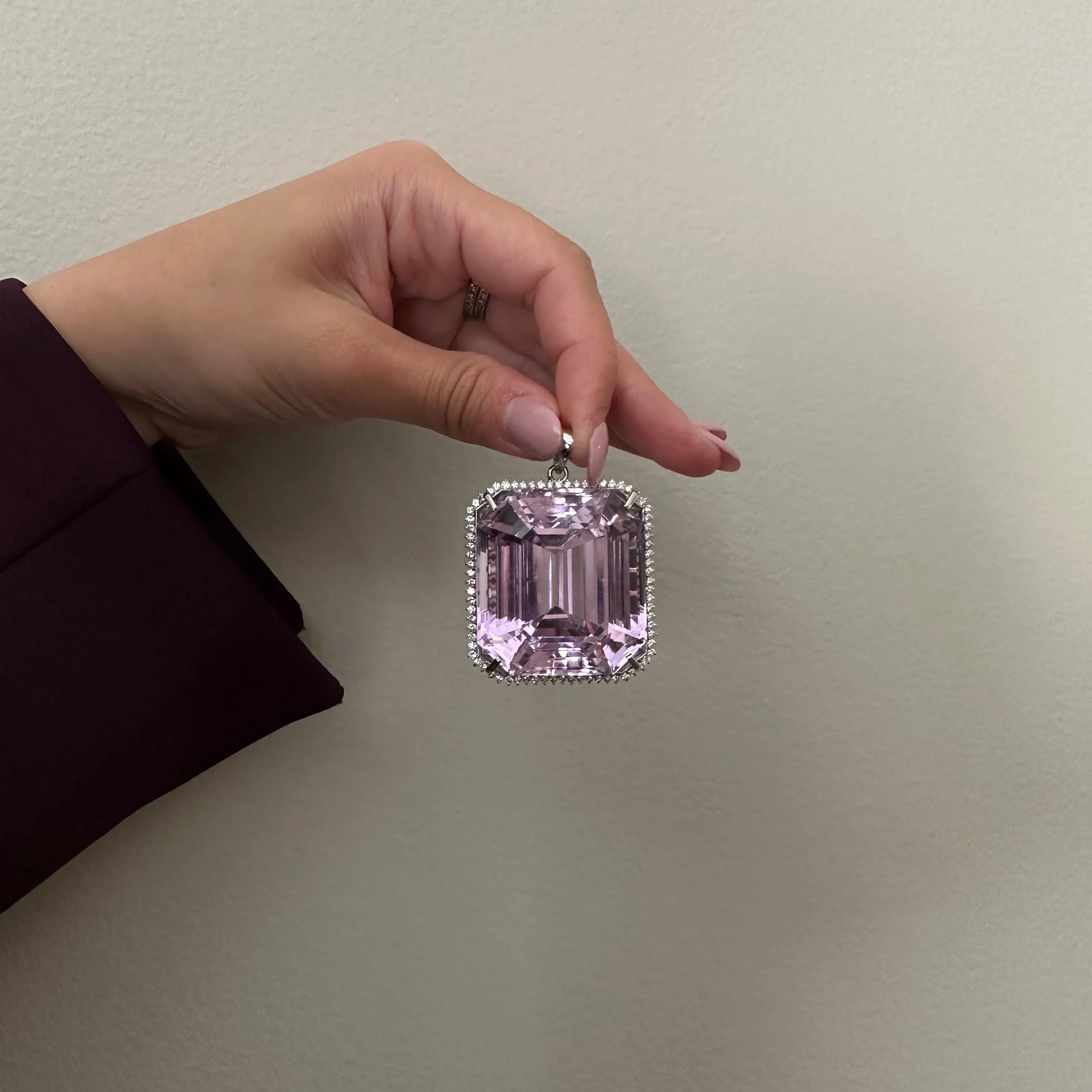 1980s 18KT White Gold Kunzite & Diamond Pendant