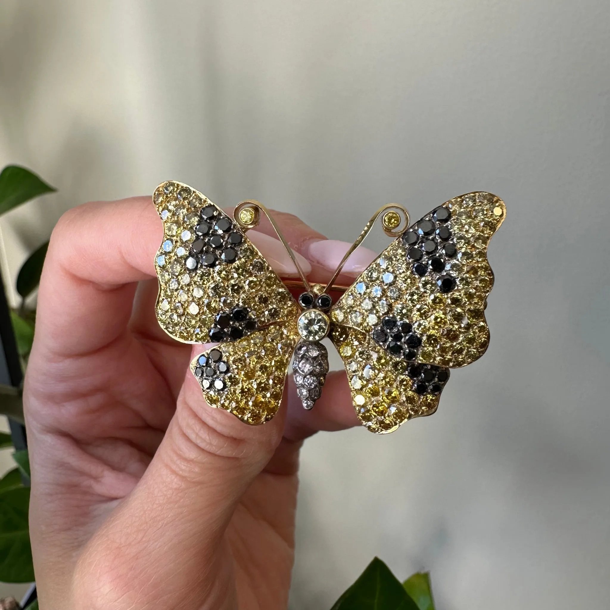 1980s 18KT Yellow Gold Yellow, White & Black Diamond Butterfly Brooch