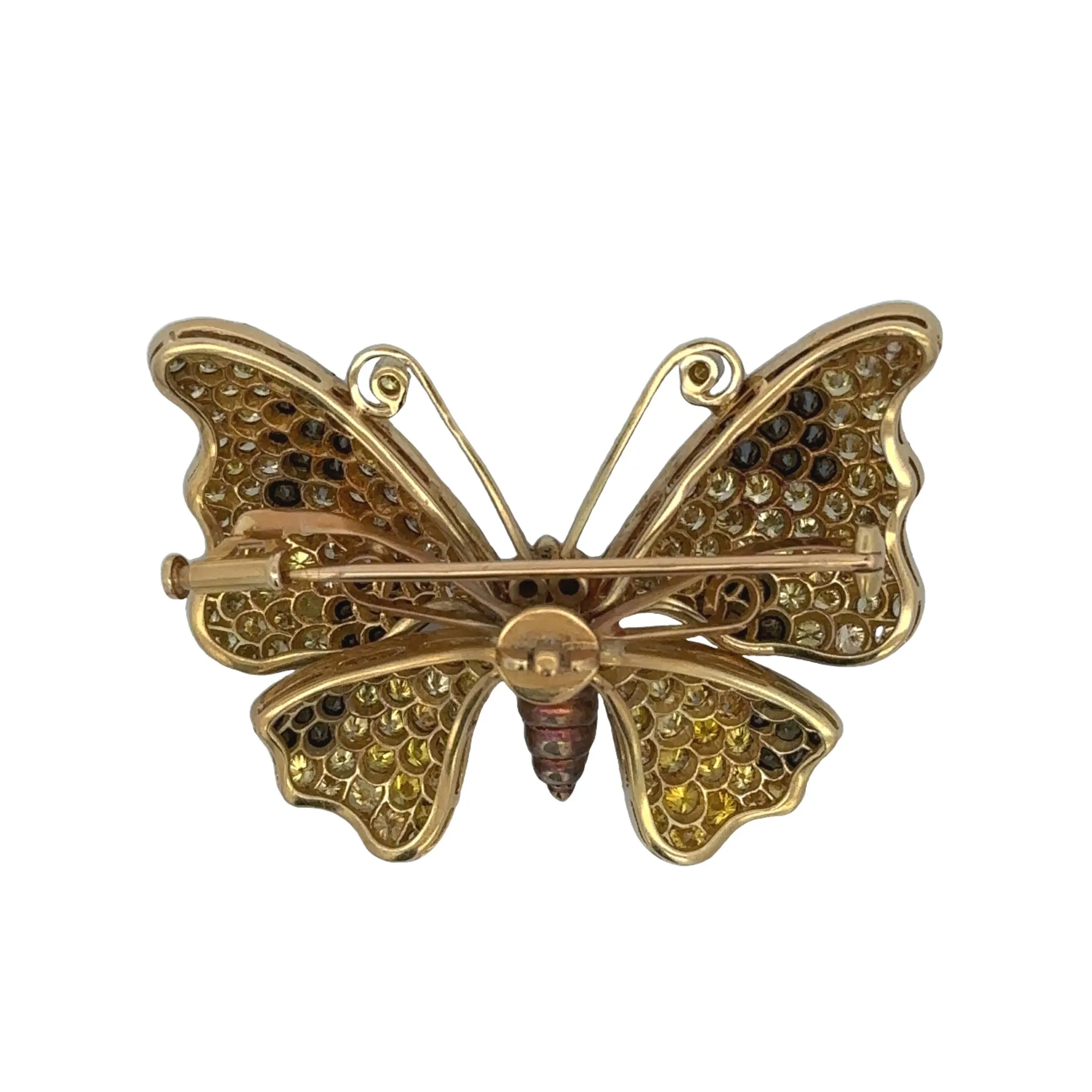 1980s 18KT Yellow Gold Yellow, White & Black Diamond Butterfly Brooch