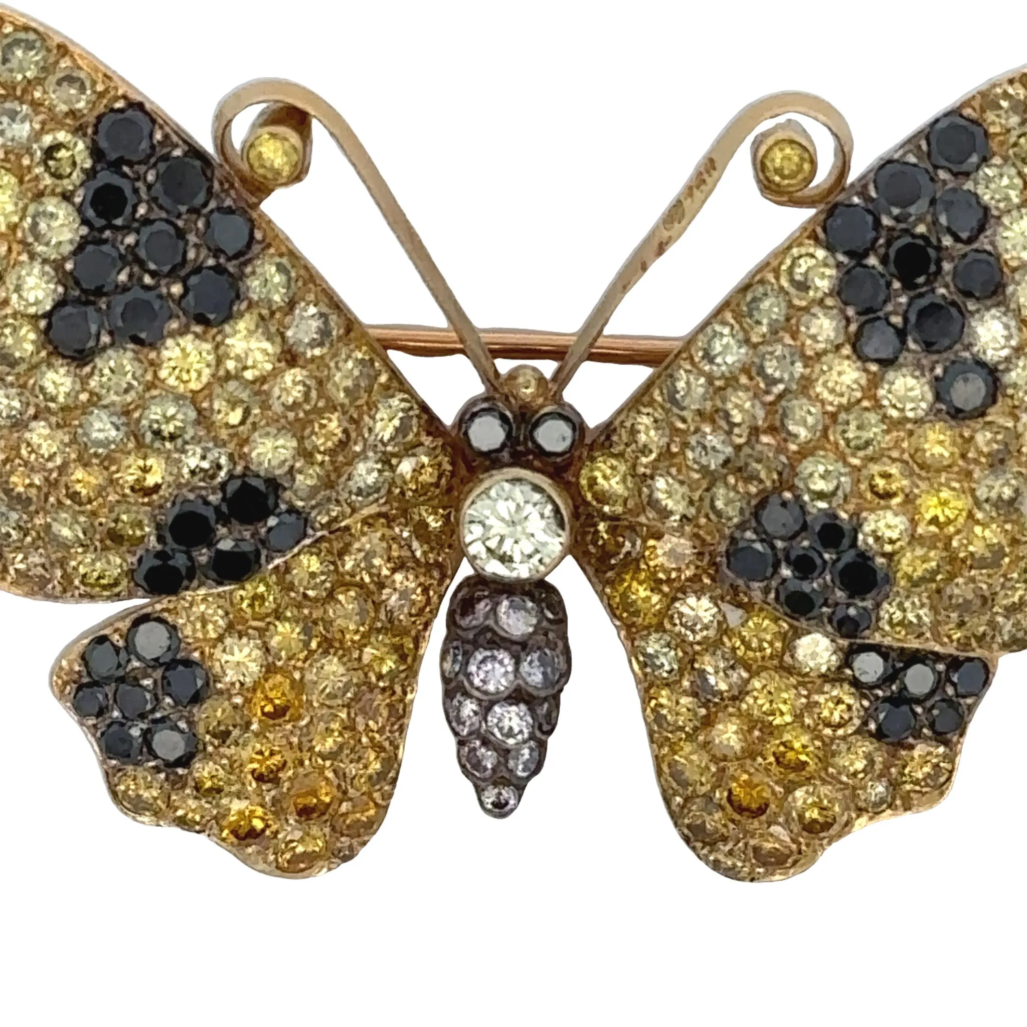 1980s 18KT Yellow Gold Yellow, White & Black Diamond Butterfly Brooch