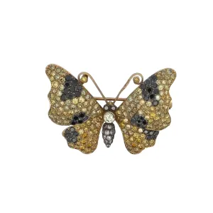 1980s 18KT Yellow Gold Yellow, White & Black Diamond Butterfly Brooch