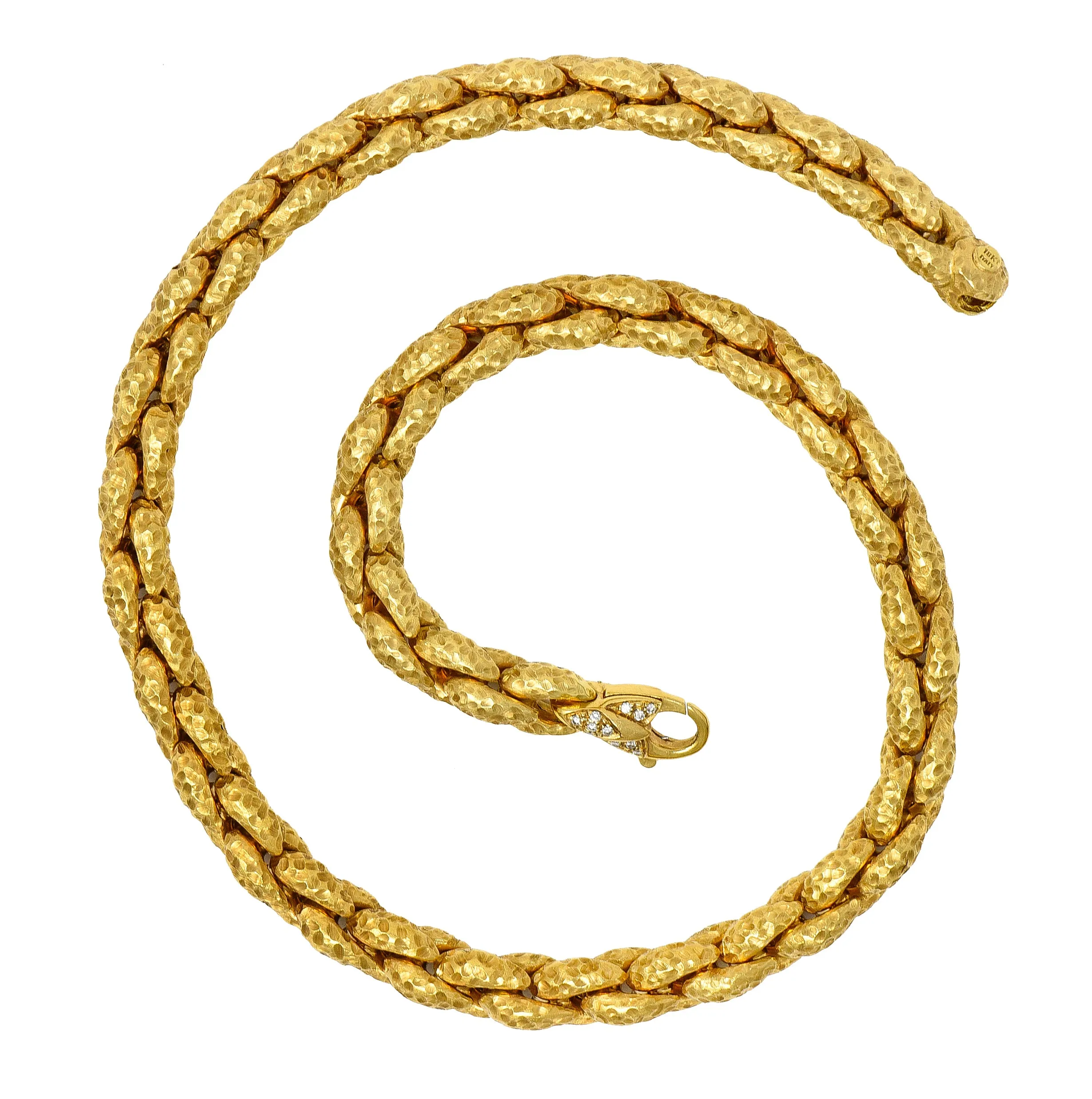 1980's Diamond 18 Karat Yellow Gold Hammered Cable Chain Vintage Necklace