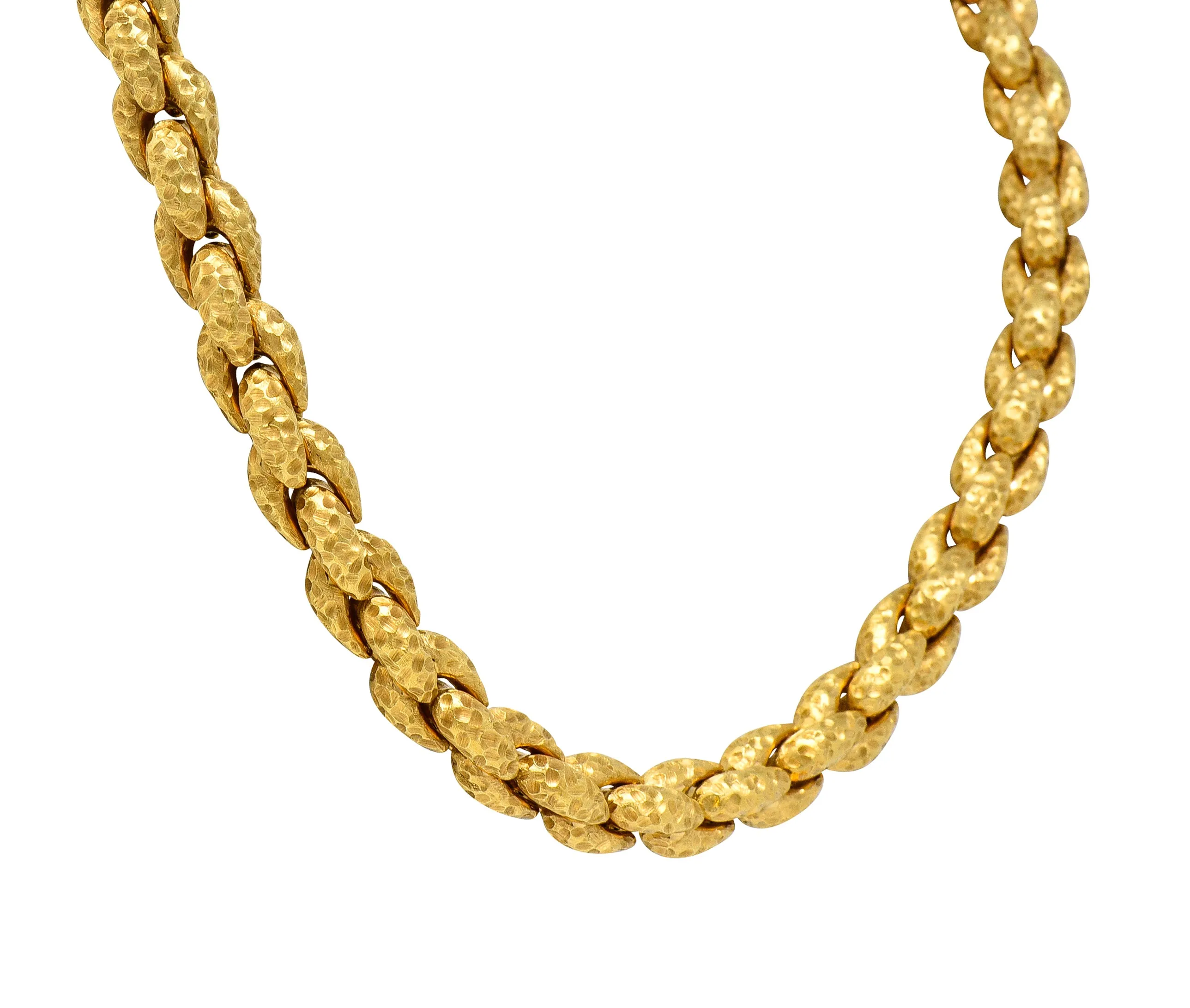 1980's Diamond 18 Karat Yellow Gold Hammered Cable Chain Vintage Necklace