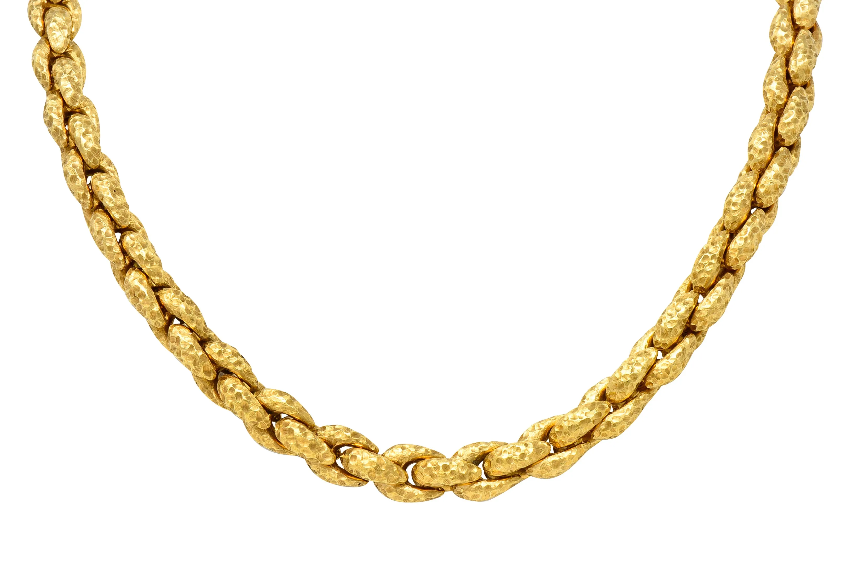 1980's Diamond 18 Karat Yellow Gold Hammered Cable Chain Vintage Necklace