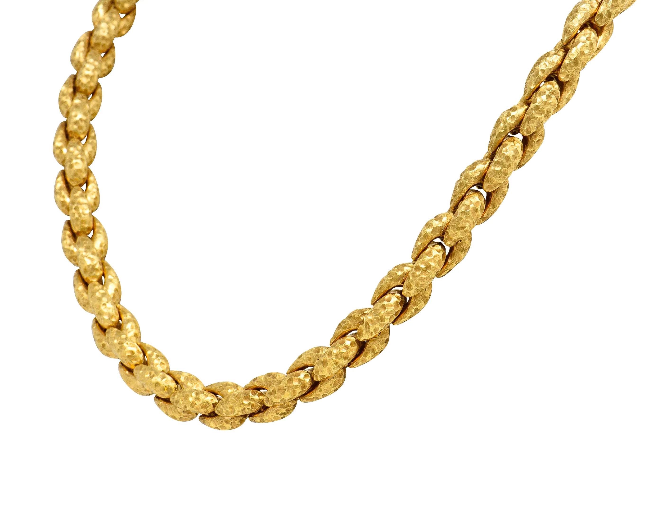 1980's Diamond 18 Karat Yellow Gold Hammered Cable Chain Vintage Necklace