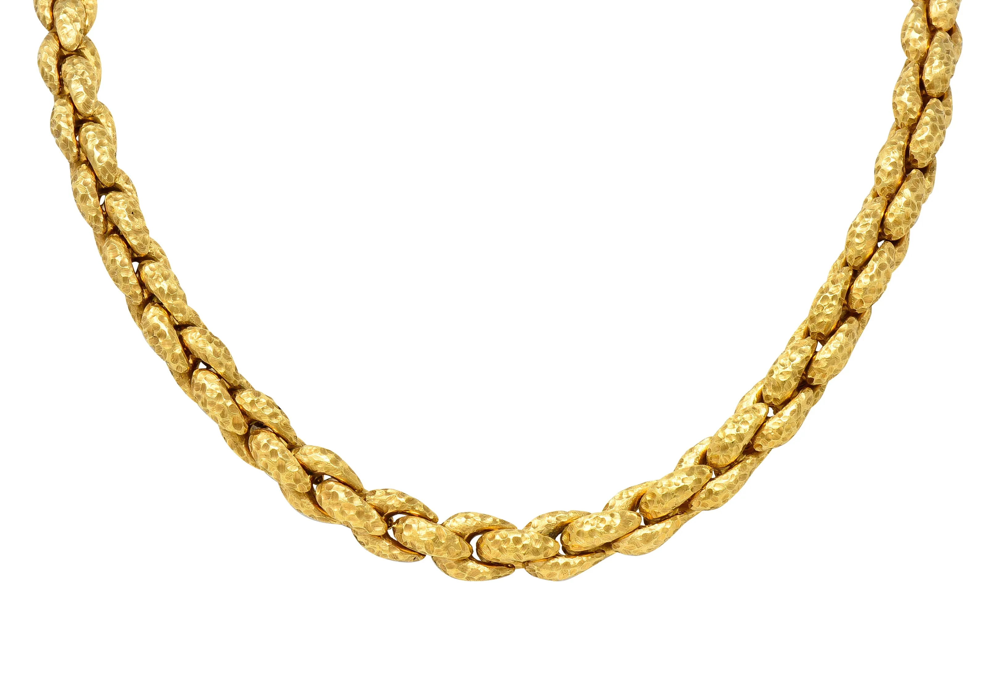 1980's Diamond 18 Karat Yellow Gold Hammered Cable Chain Vintage Necklace