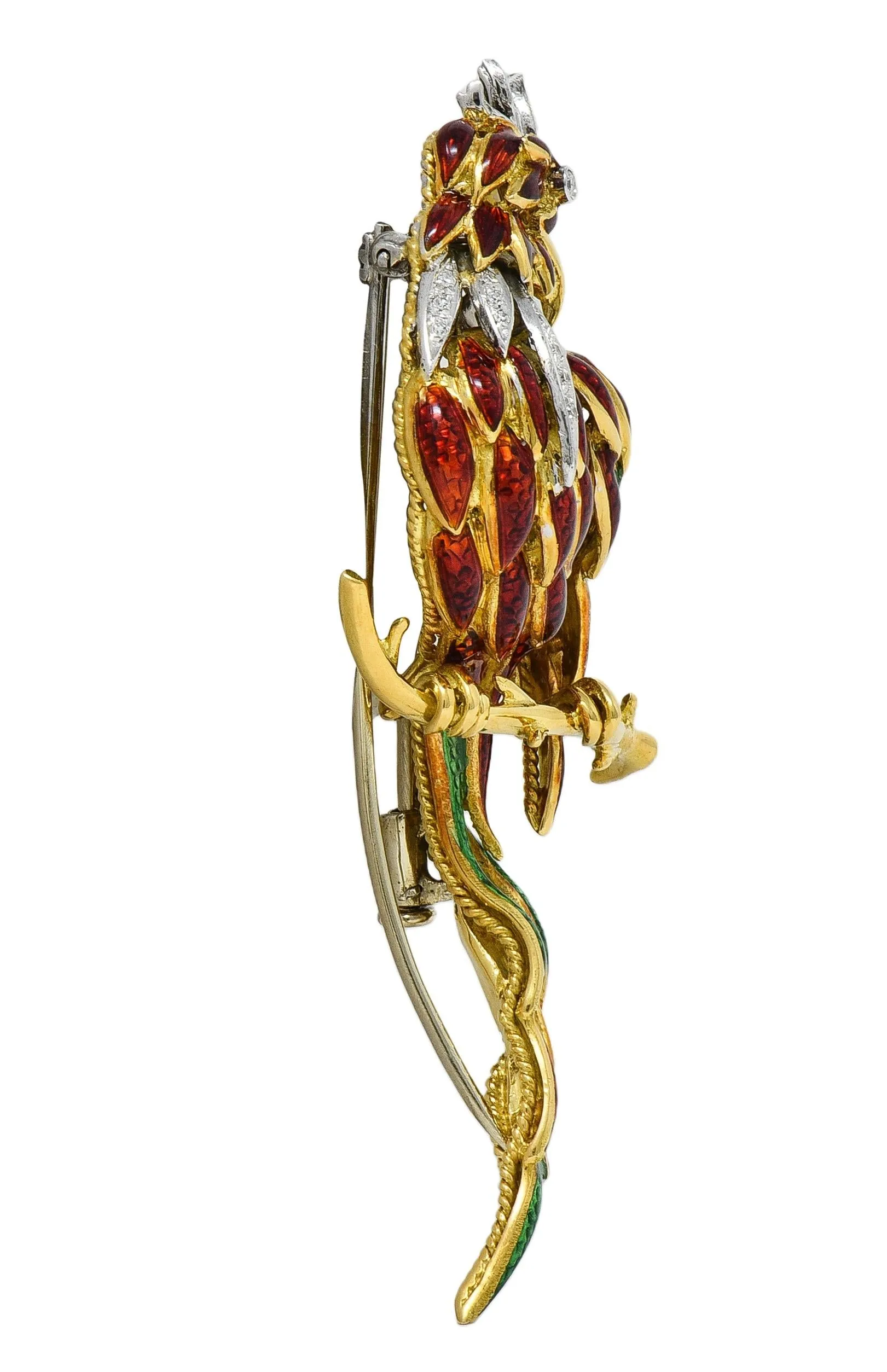 1980's Diamond Enamel 18 Karat Two-Tone Gold Vintage Parrot Brooch