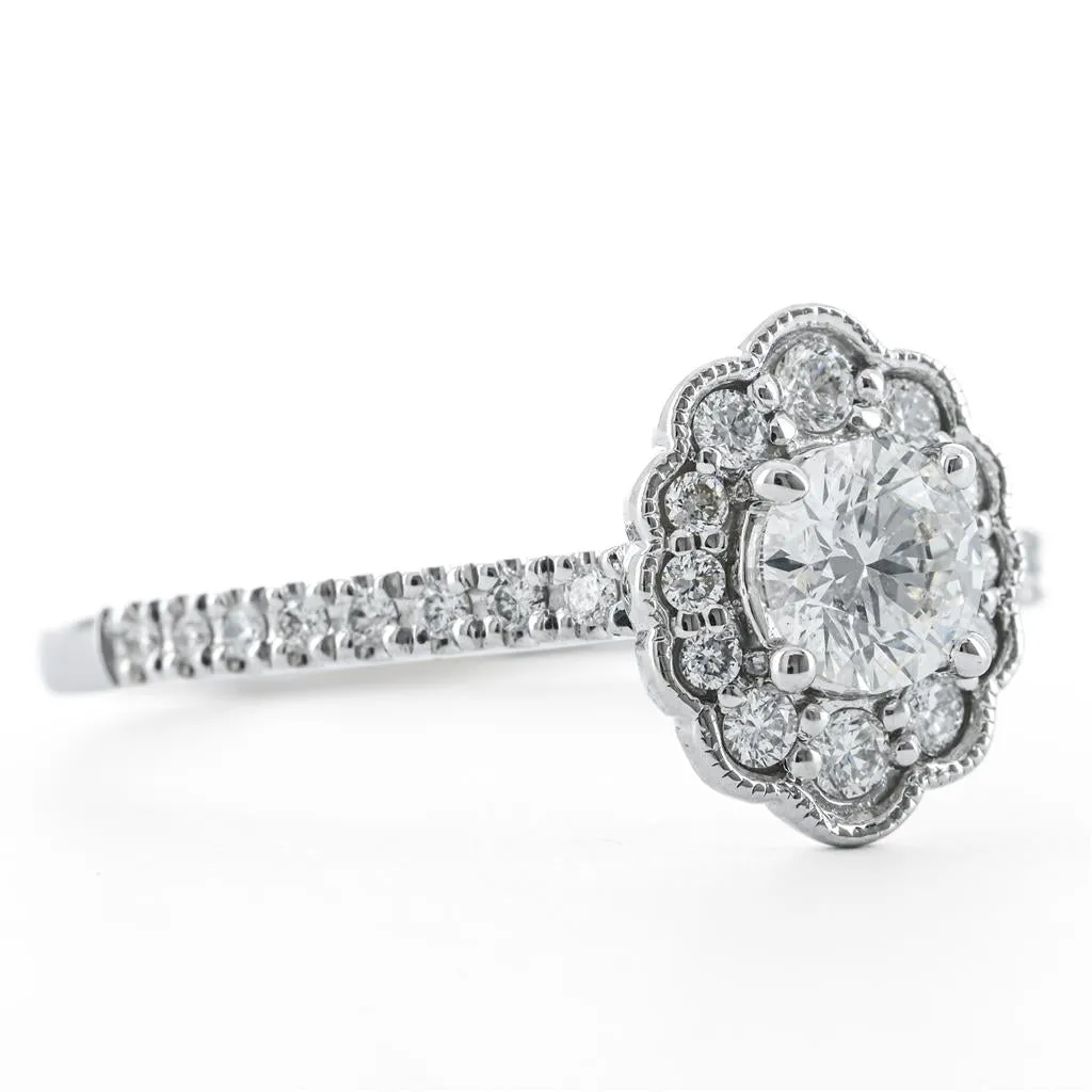 .69CTW Round Diamond Engagement Ring - Scalloped Halo - 14K White Gold