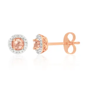 9ct Rose Gold Morganite and Diamond Halo Stud Earrings