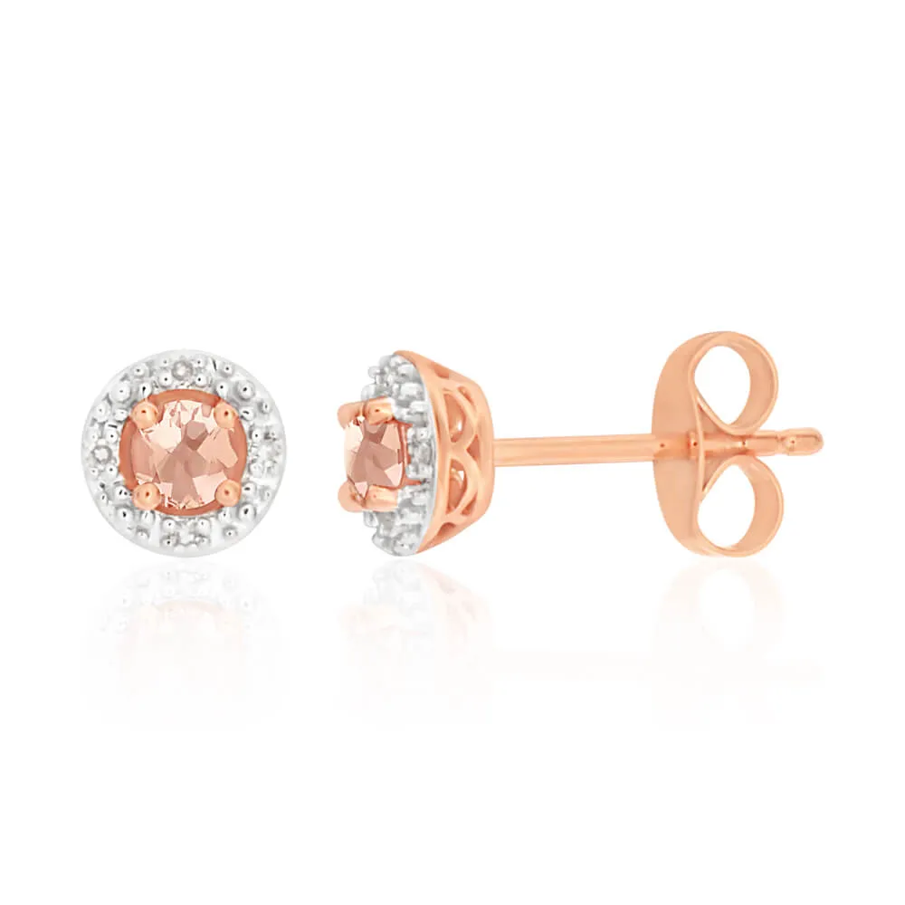 9ct Rose Gold Morganite and Diamond Halo Stud Earrings