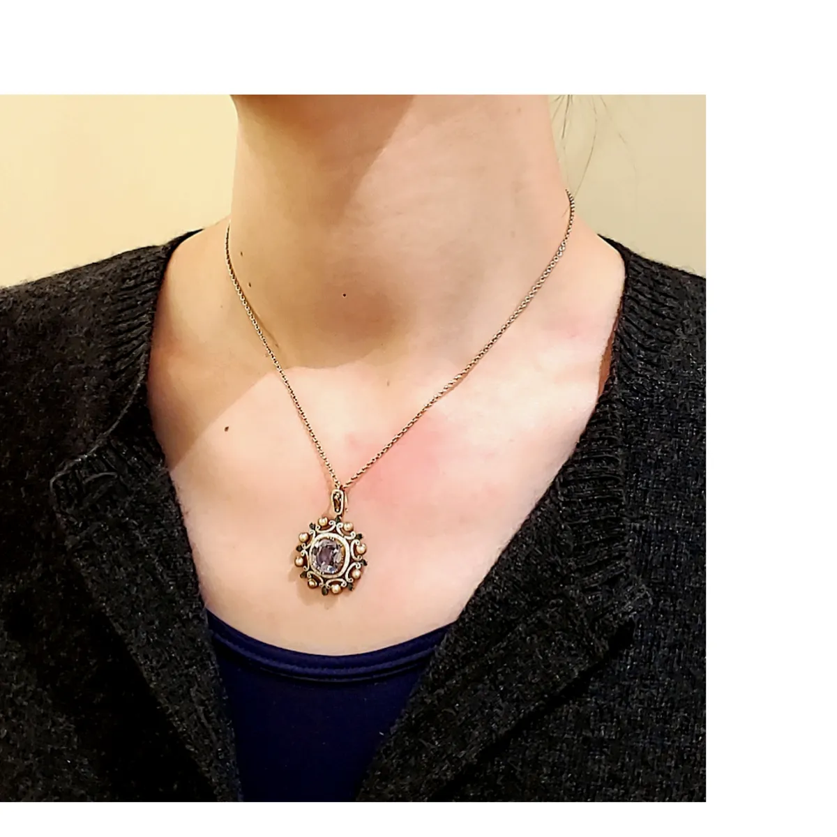 Antique 18KT Yellow Gold Sapphire & Natural Pearl Pendant