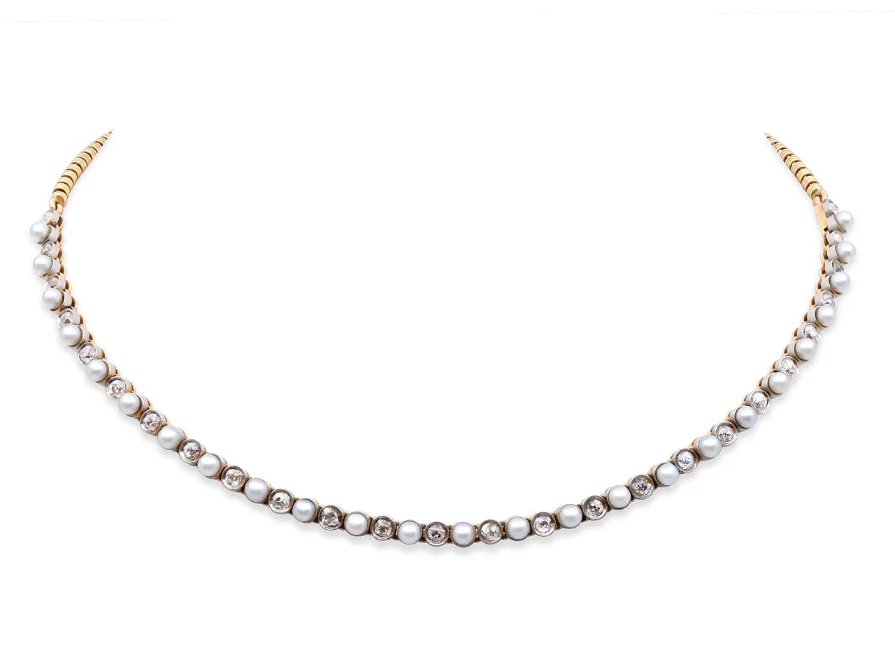 Antique Edwardian Natural Pearl and Diamond Necklace in 14K