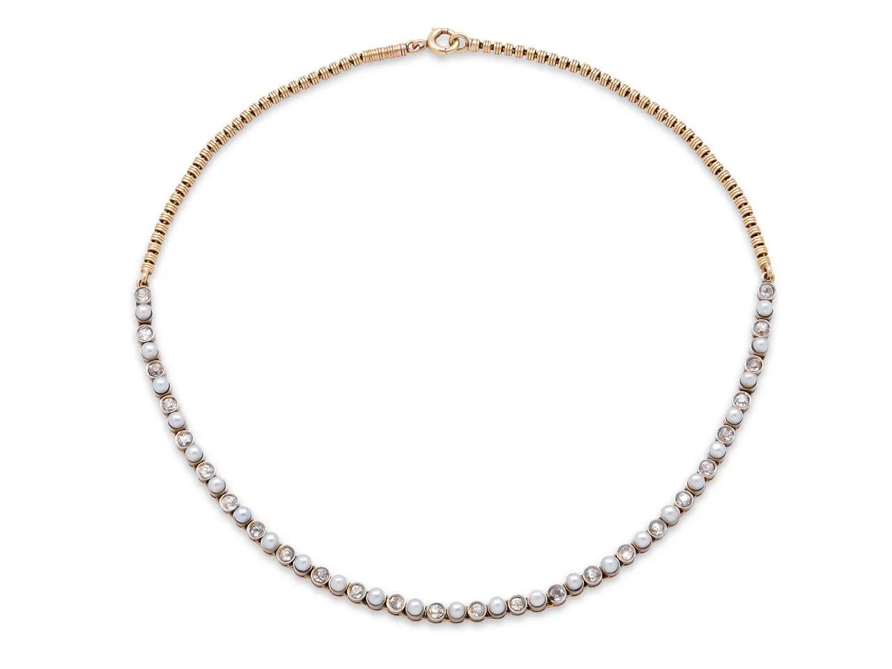 Antique Edwardian Natural Pearl and Diamond Necklace in 14K